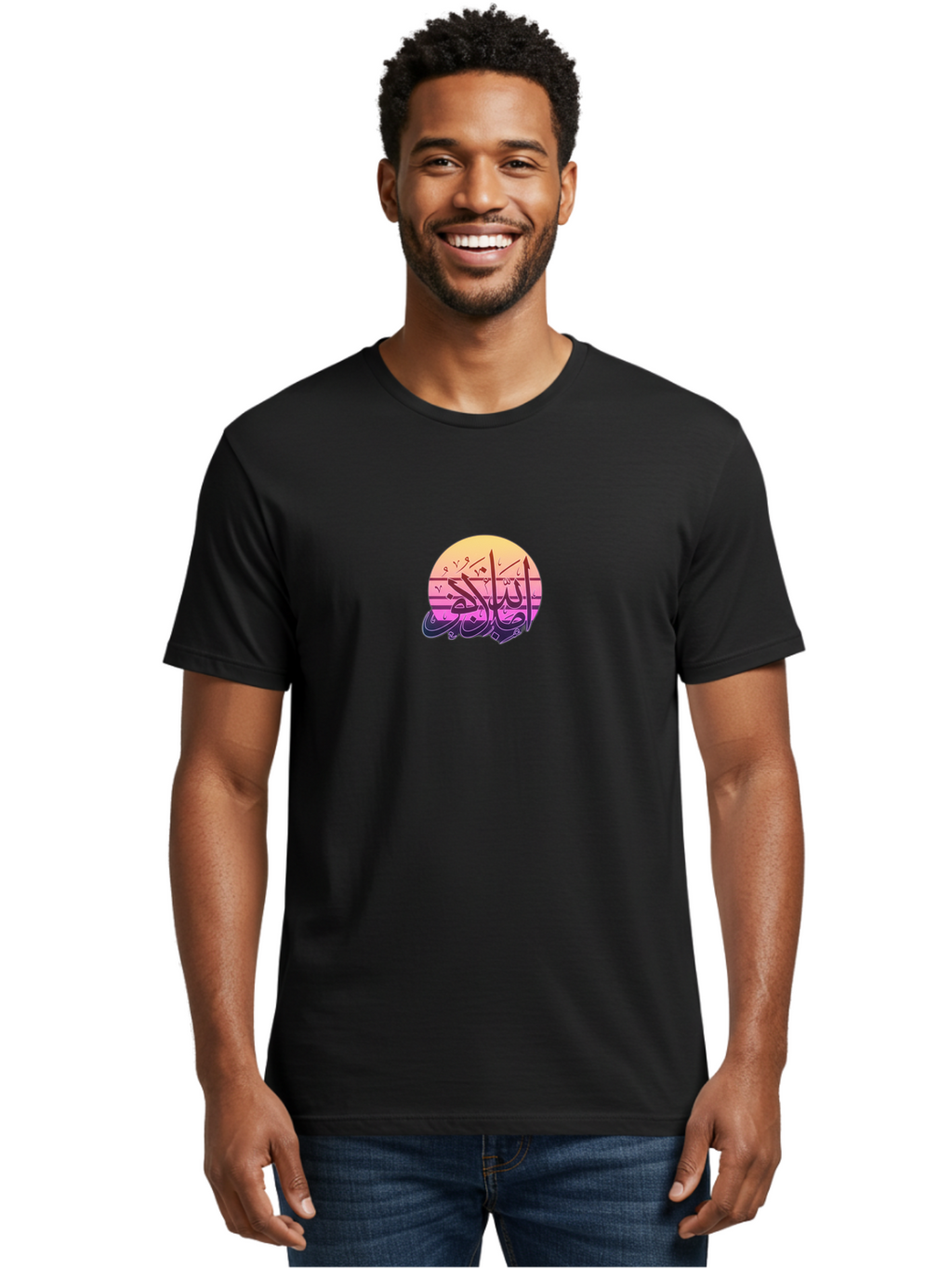 Eid-Mubarak Men'S Graphic Tee, 100% Cotton, Comfortable Casual Summer Wear, Machine Washable, Islamic Calligraphy, Arabic Text, Muhammad, Gradient Colors, Abstract Art, Spiritual Themes, Faith, Cultural Heritage, Artistic Expression, Bad065