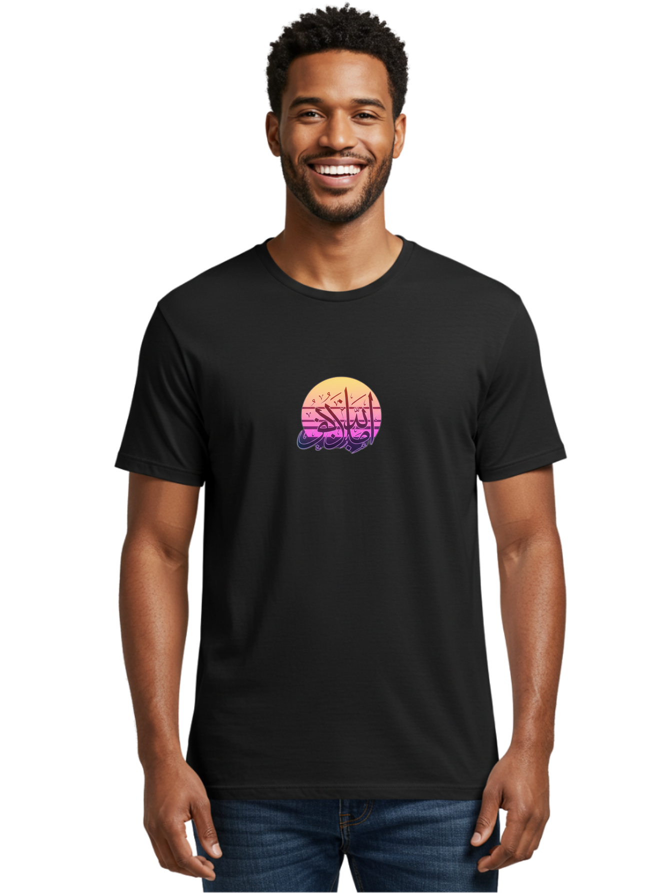 Eid-Mubarak Men'S Graphic Tee, 100% Cotton, Comfortable Casual Summer Wear, Machine Washable, Islamic Calligraphy, Arabic Text, Muhammad, Gradient Colors, Abstract Art, Spiritual Themes, Faith, Cultural Heritage, Artistic Expression, Bad065