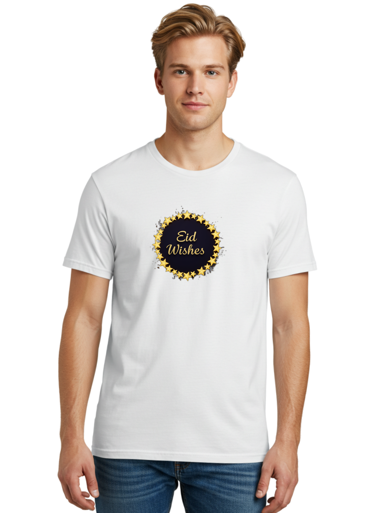 Eid-Wishes Men'S Graphic Tee, 100% Cotton, Comfortable Casual Summer Wear, Machine Washable, Eid Wishes, Festive Greeting, Golden Stars, Celebration, Holiday Wishes, Islamic Festival, Eid Mubarak, Starry Design, Elegant Font, Gold Stars Bad066