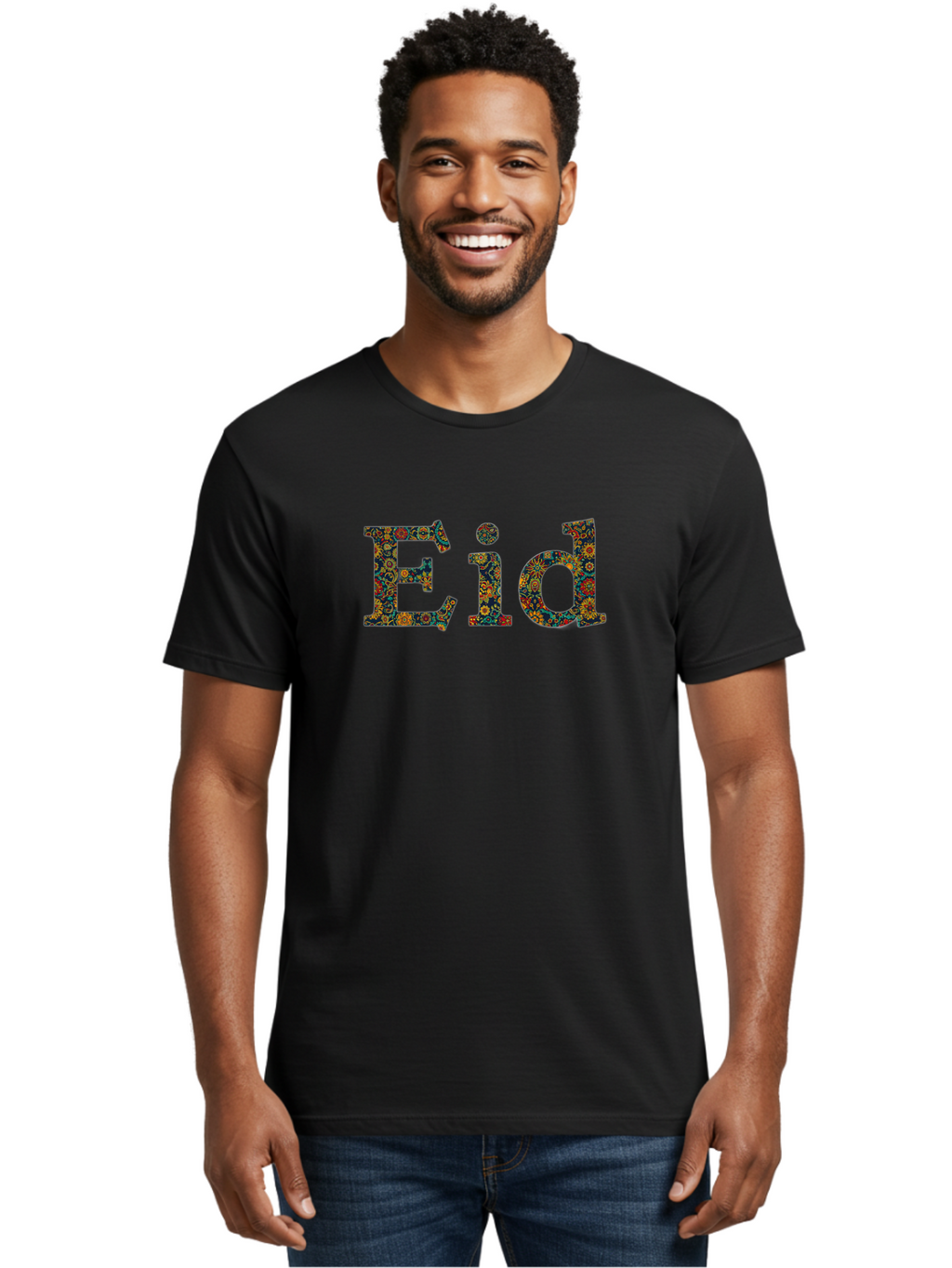 Eid Men'S Graphic Tee, 100% Cotton, Comfortable Casual Summer Wear, Machine Washable, Eid Celebration, Floral Pattern, Colorful Design, Vibrant Colors, Festive Atmosphere, Islamic Holiday, Cultural Tradition, Ornate Details, Decorative Art Bad067