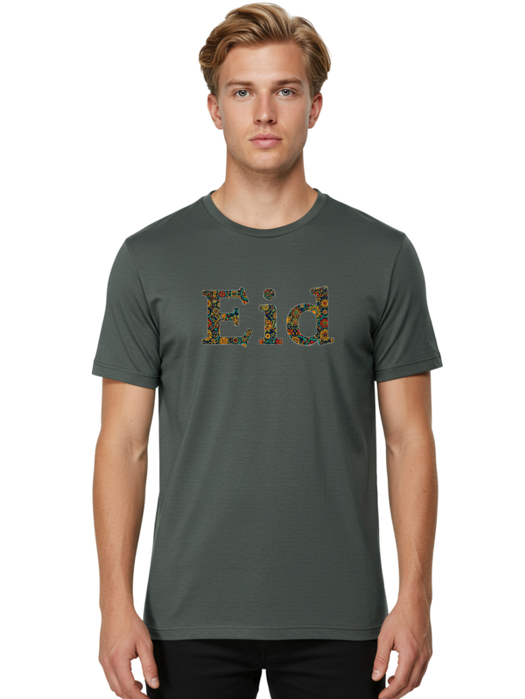 Eid Men'S Graphic Tee, 100% Cotton, Comfortable Casual Summer Wear, Machine Washable, Eid Celebration, Floral Pattern, Colorful Design, Vibrant Colors, Festive Atmosphere, Islamic Holiday, Cultural Tradition, Ornate Details, Decorative Art Bad067