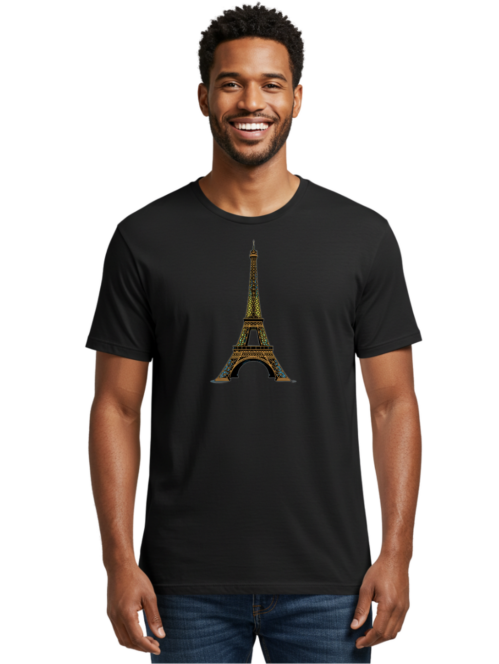 Eiffel-Tower-2 Men'S Graphic Tee, 100% Cotton, Comfortable Casual Summer Wear, Machine Washable, Iconic Landmark, Paris, France, Iron Latticework, Romantic Getaway, Travel Destination, Cityscape, Architectural Marvel, Tourism, Vacation Spot Bad069