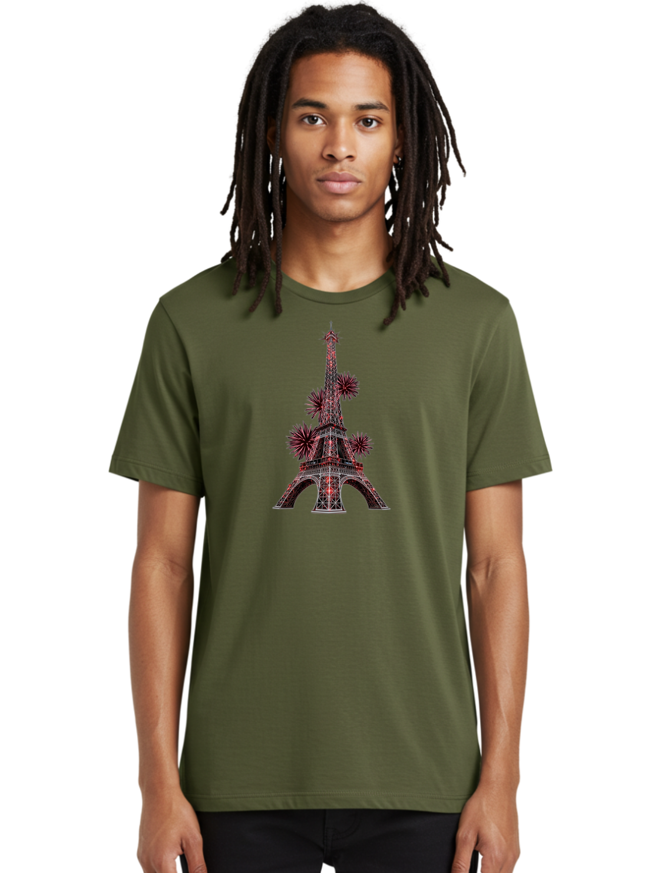 Eiffel-Tower-4 Men'S Graphic Tee, 100% Cotton, Comfortable Casual Summer Wear, Machine Washable, Eiffel Tower With Firework Explosions Around It, Paris Landmark, Famous Monument, Fireworks Display, Celebration, Festive Atmosphere, Bad071