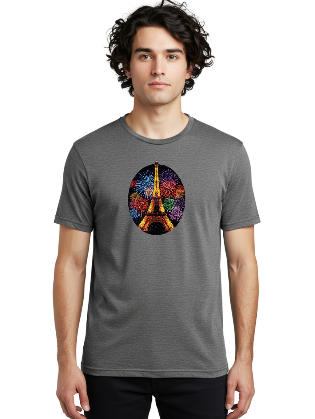 Eiffel-Tower-6 Men'S Graphic Tee, 100% Cotton, Comfortable Casual Summer Wear, Machine Washable, Eiffel Tower At Night, Fireworks Display, Festive Atmosphere, Parisian Landmark, Celebratory Scene, Colorful Explosion, Romantic Getaway, Bad073