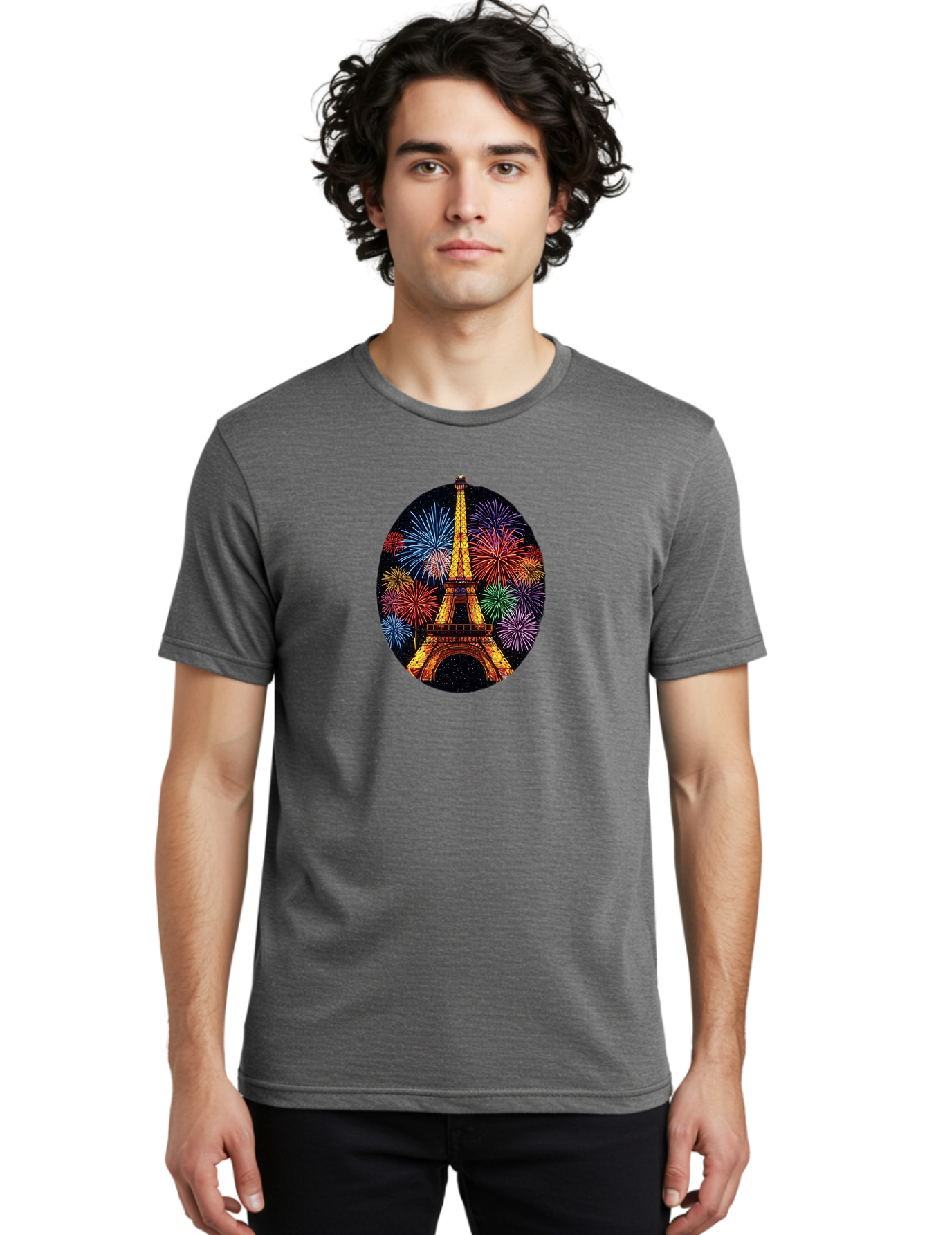 Eiffel-Tower-6 Men'S Graphic Tee, 100% Cotton, Comfortable Casual Summer Wear, Machine Washable, Eiffel Tower At Night, Fireworks Display, Festive Atmosphere, Parisian Landmark, Celebratory Scene, Colorful Explosion, Romantic Getaway, Bad073