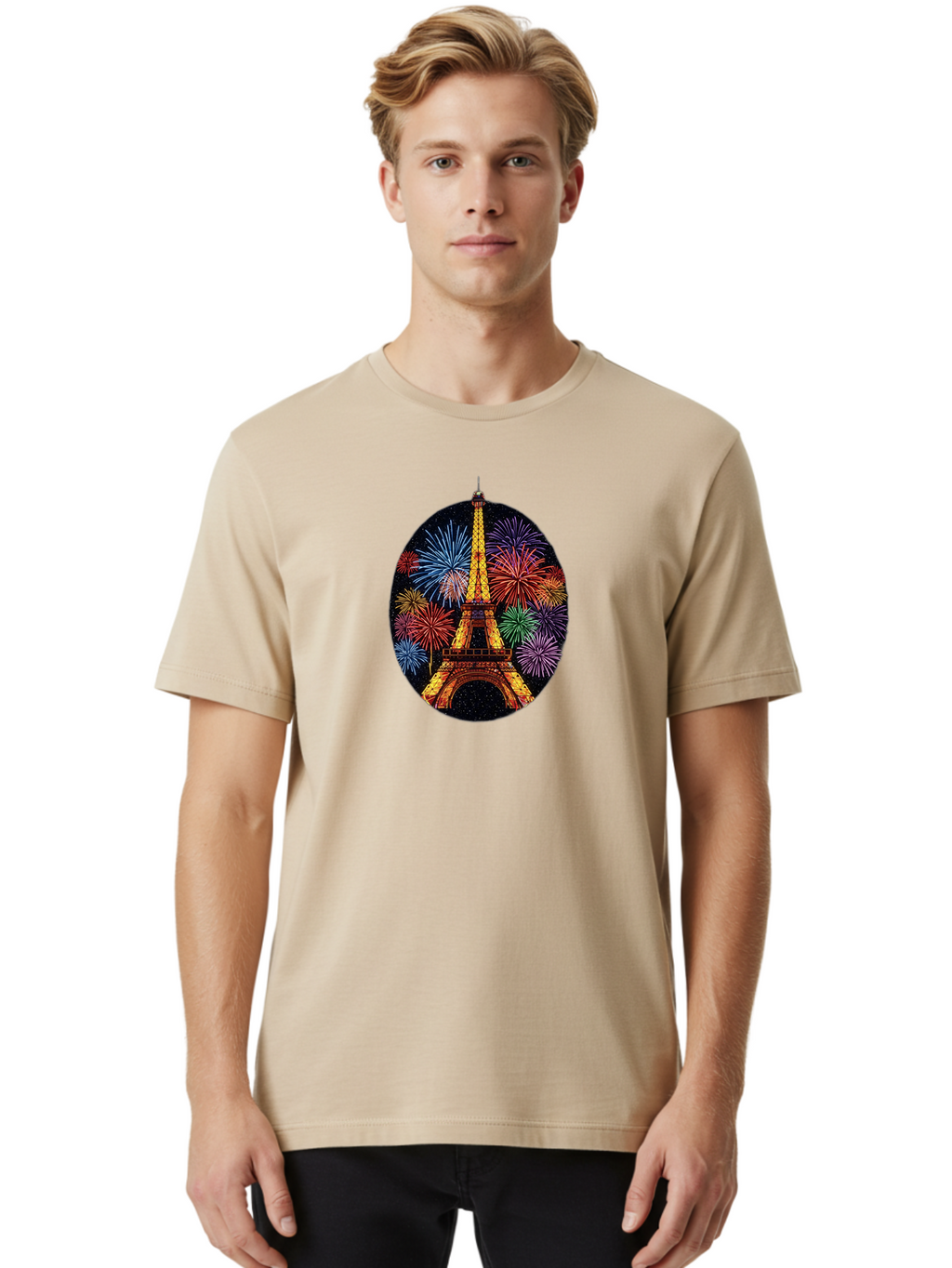Eiffel-Tower-6 Men'S Graphic Tee, 100% Cotton, Comfortable Casual Summer Wear, Machine Washable, Eiffel Tower At Night, Fireworks Display, Festive Atmosphere, Parisian Landmark, Celebratory Scene, Colorful Explosion, Romantic Getaway, Bad073