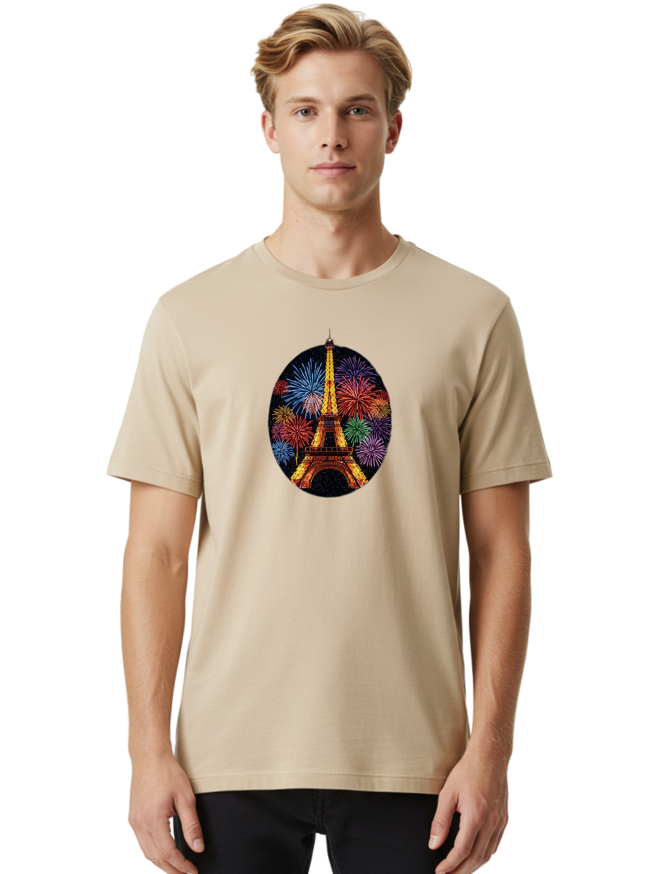 Eiffel-Tower-6 Men'S Graphic Tee, 100% Cotton, Comfortable Casual Summer Wear, Machine Washable, Eiffel Tower At Night, Fireworks Display, Festive Atmosphere, Parisian Landmark, Celebratory Scene, Colorful Explosion, Romantic Getaway, Bad073