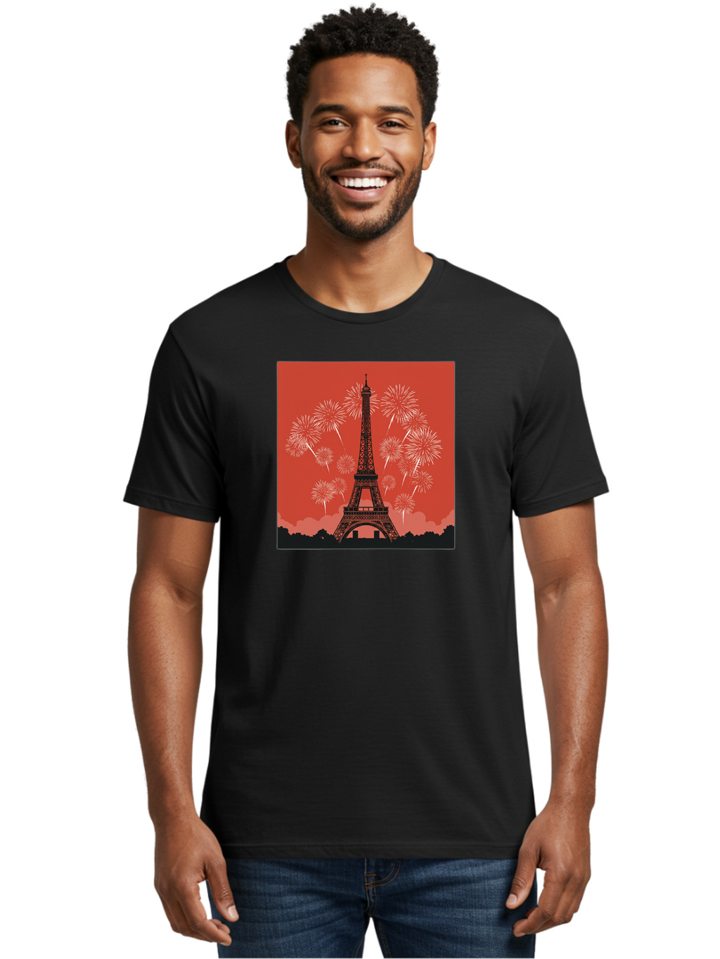 Eiffel-Tower-Fireworks Men'S Graphic Tee, 100% Cotton, Comfortable Casual Summer Wear, Machine Washable, Eiffel Tower, Fireworks Display, Celebration, Festive Atmosphere, Paris Landmarks, French Culture, Fireworks Explosion, Romantic Getaway, Bad075