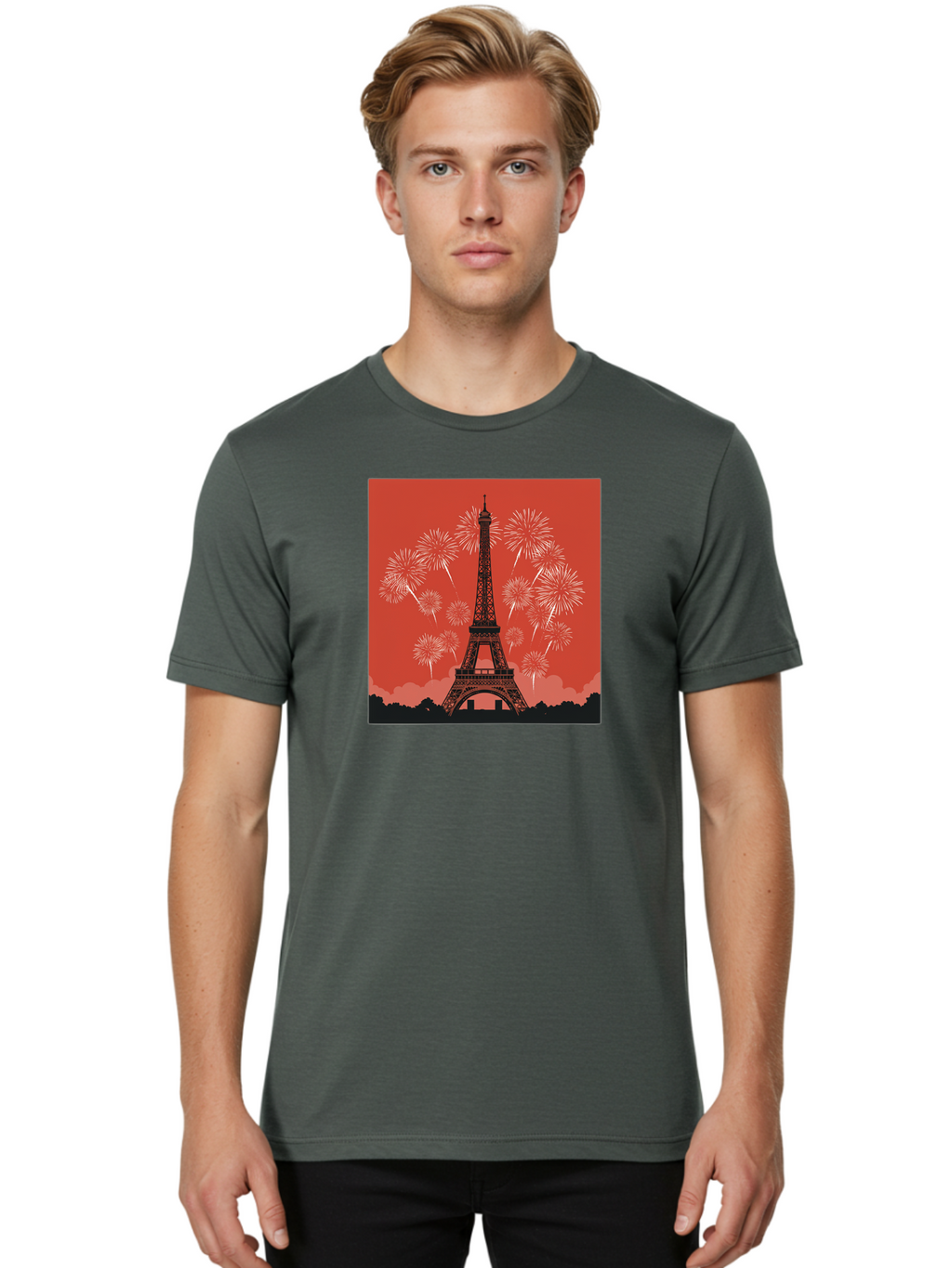 Eiffel-Tower-Fireworks Men'S Graphic Tee, 100% Cotton, Comfortable Casual Summer Wear, Machine Washable, Eiffel Tower, Fireworks Display, Celebration, Festive Atmosphere, Paris Landmarks, French Culture, Fireworks Explosion, Romantic Getaway, Bad075