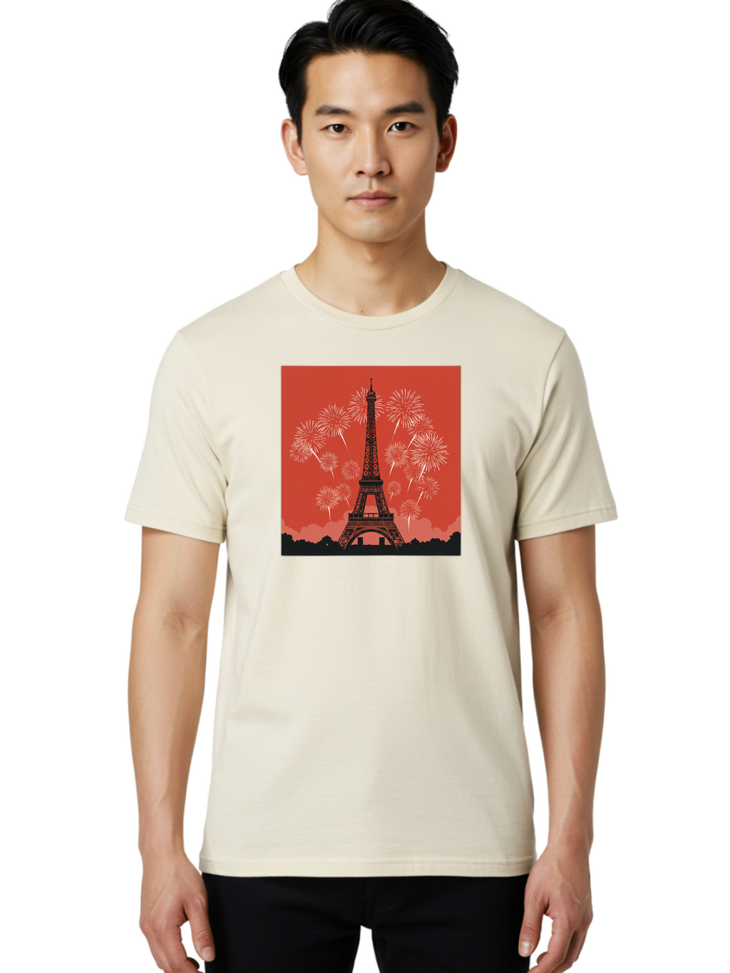 Eiffel-Tower-Fireworks Men'S Graphic Tee, 100% Cotton, Comfortable Casual Summer Wear, Machine Washable, Eiffel Tower, Fireworks Display, Celebration, Festive Atmosphere, Paris Landmarks, French Culture, Fireworks Explosion, Romantic Getaway, Bad075