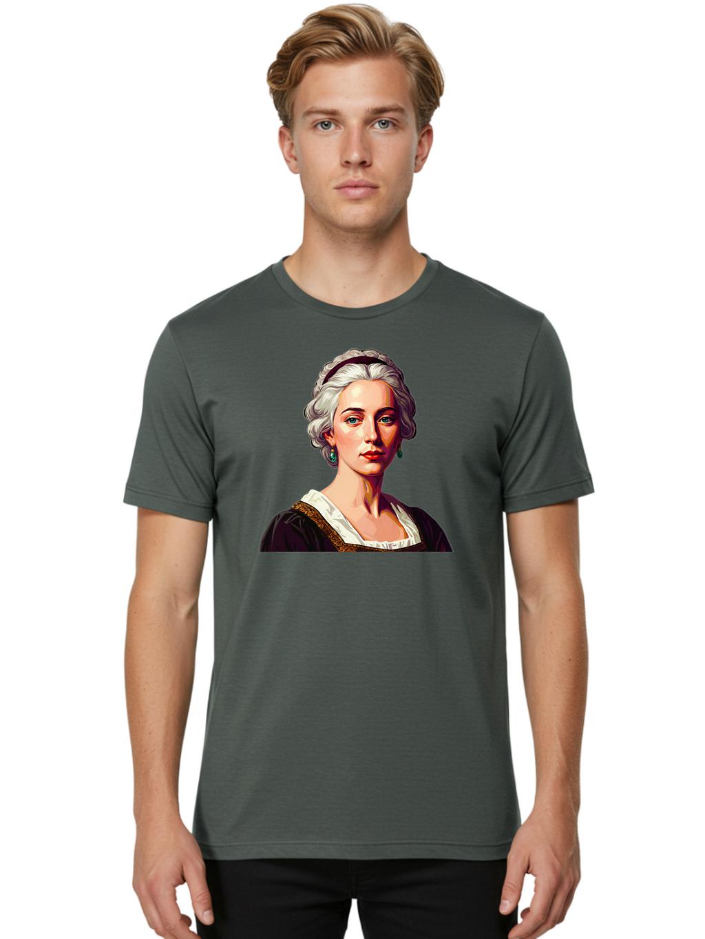Elizabeth-Cady-Stanton Men'S Graphic Tee, 100% Cotton, Comfortable Casual Summer Wear, Machine Washable, Woman With White Hair, Blue Eyes, Red Lips, Elegant Earrings, Vintage Clothing, Gold Trim, Historical Figure, Feminine Style, Bad077