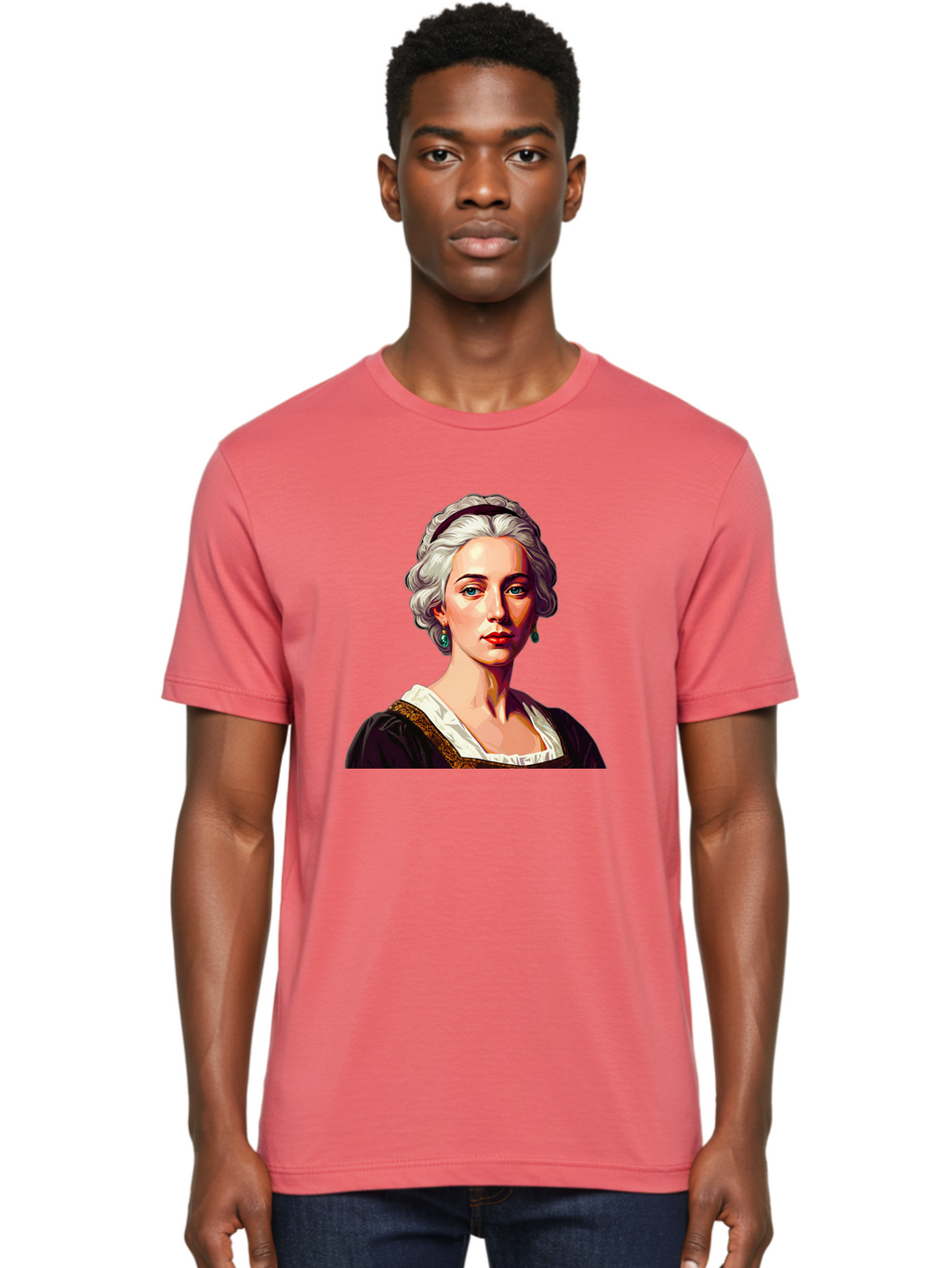 Elizabeth-Cady-Stanton Men'S Graphic Tee, 100% Cotton, Comfortable Casual Summer Wear, Machine Washable, Woman With White Hair, Blue Eyes, Red Lips, Elegant Earrings, Vintage Clothing, Gold Trim, Historical Figure, Feminine Style, Bad077