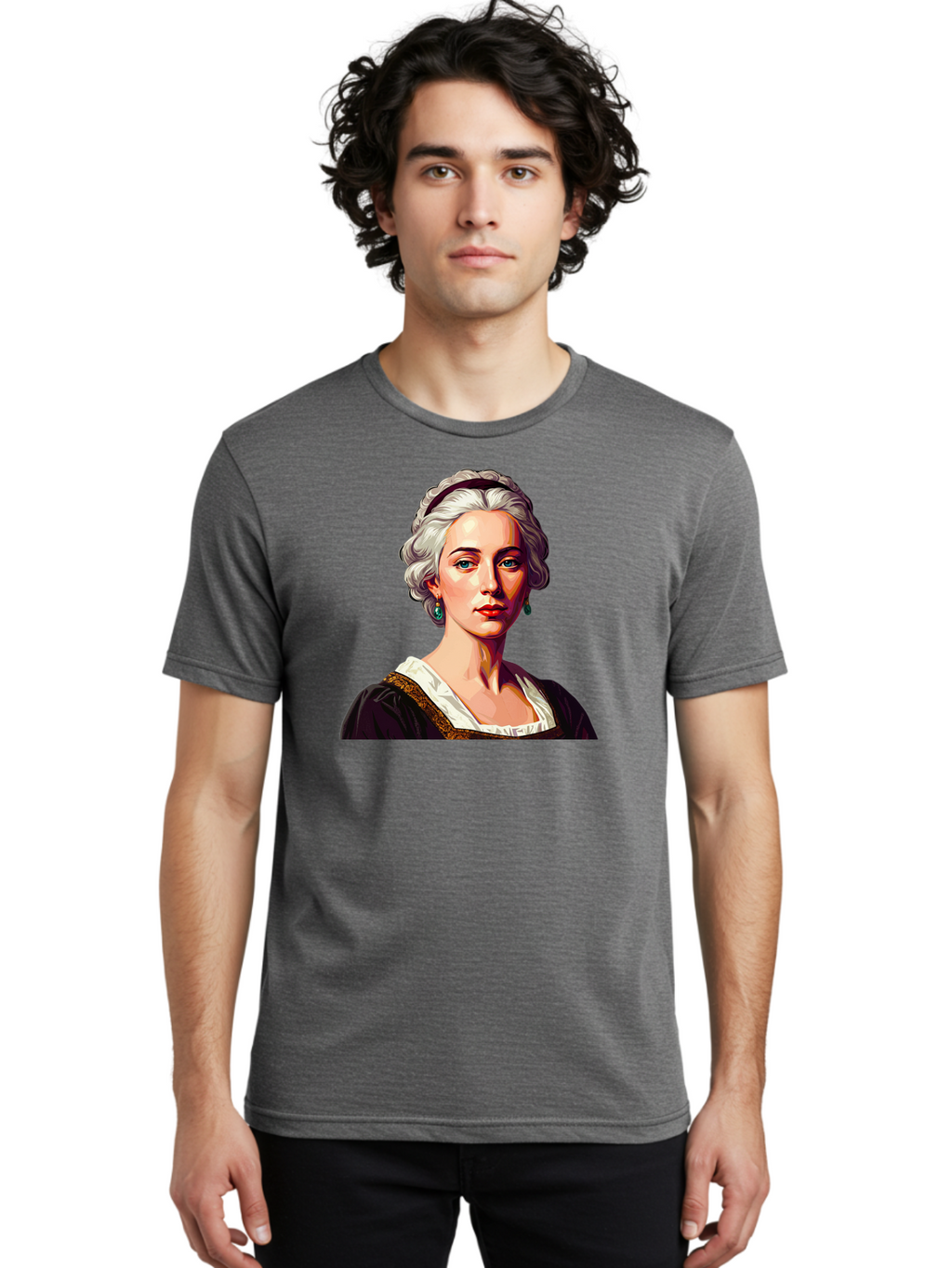 Elizabeth-Cady-Stanton Men'S Graphic Tee, 100% Cotton, Comfortable Casual Summer Wear, Machine Washable, Woman With White Hair, Blue Eyes, Red Lips, Elegant Earrings, Vintage Clothing, Gold Trim, Historical Figure, Feminine Style, Bad077