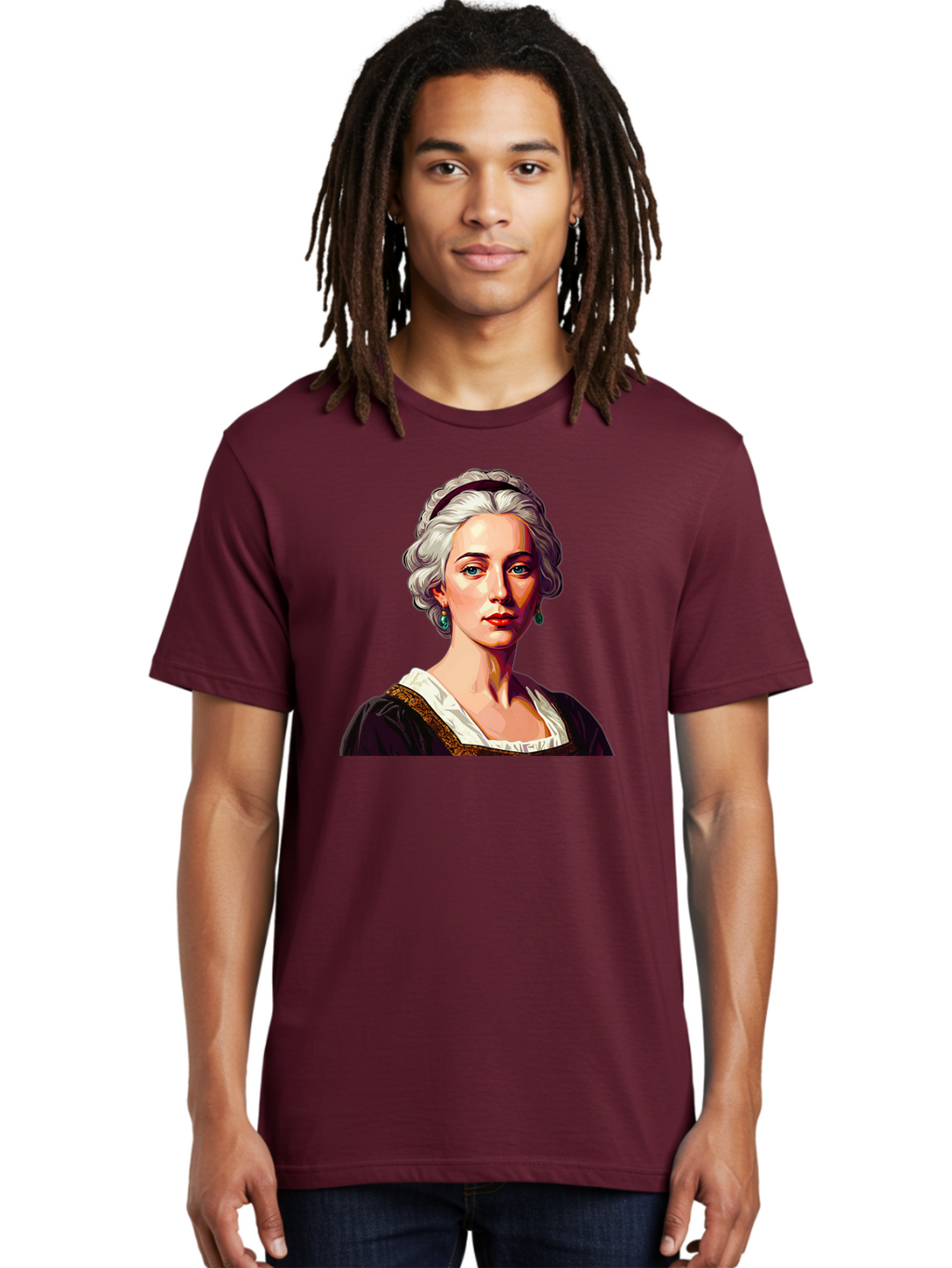 Elizabeth-Cady-Stanton Men'S Graphic Tee, 100% Cotton, Comfortable Casual Summer Wear, Machine Washable, Woman With White Hair, Blue Eyes, Red Lips, Elegant Earrings, Vintage Clothing, Gold Trim, Historical Figure, Feminine Style, Bad077