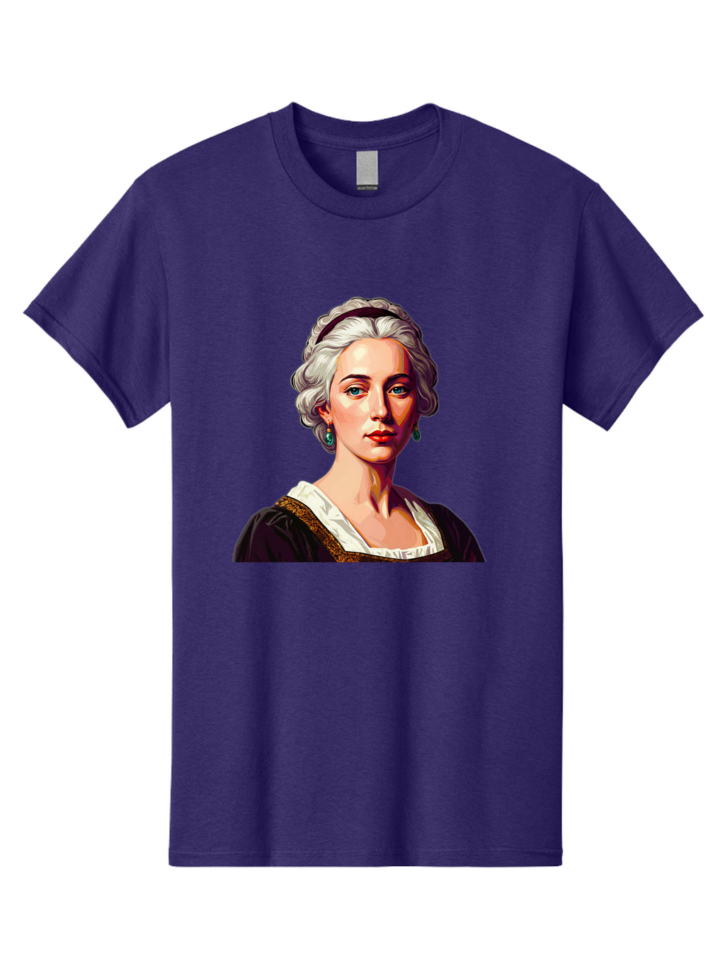 Elizabeth-Cady-Stanton Men'S Graphic Tee, 100% Cotton, Comfortable Casual Summer Wear, Machine Washable, Woman With White Hair, Blue Eyes, Red Lips, Elegant Earrings, Vintage Clothing, Gold Trim, Historical Figure, Feminine Style, Bad077