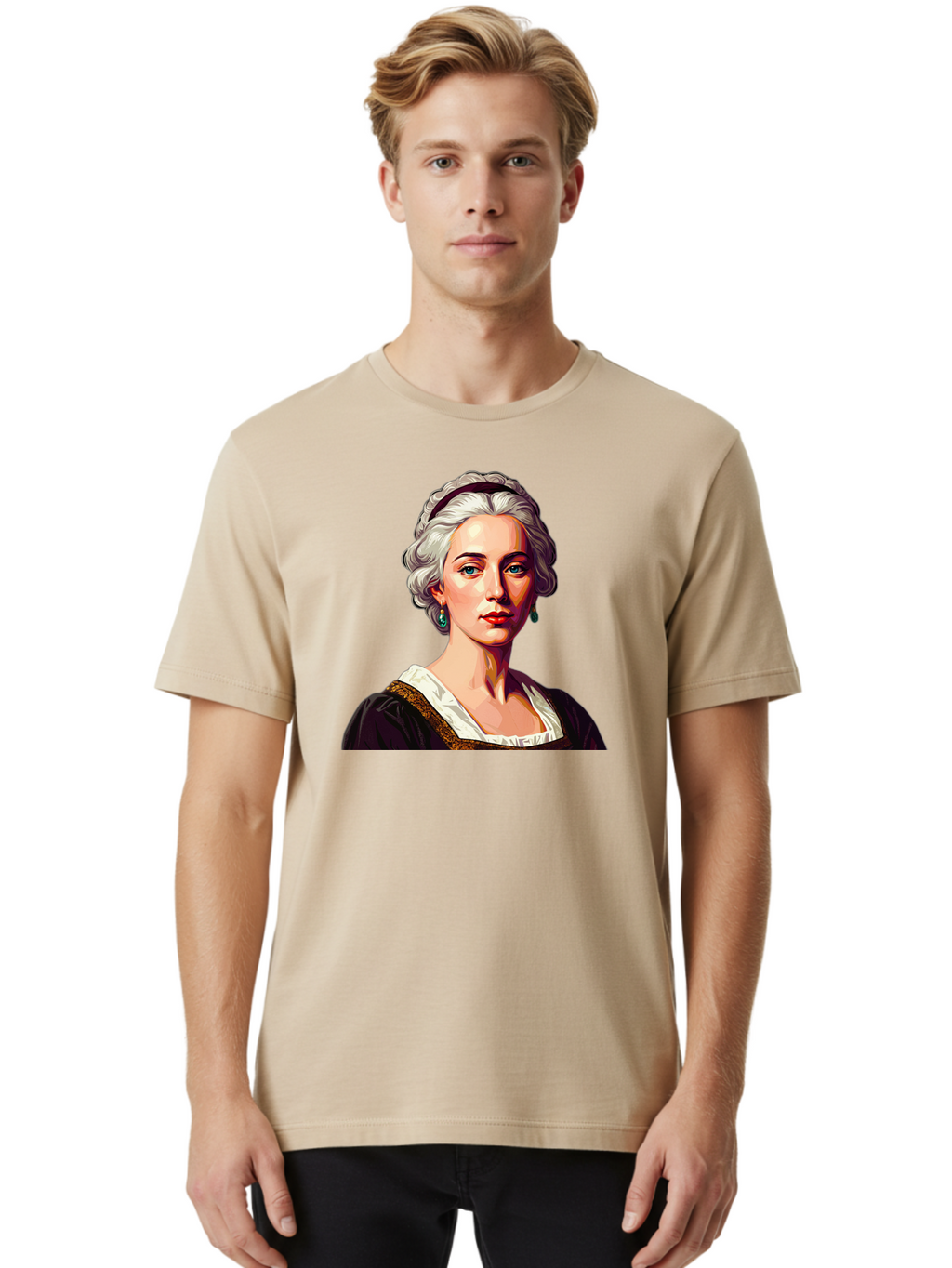 Elizabeth-Cady-Stanton Men'S Graphic Tee, 100% Cotton, Comfortable Casual Summer Wear, Machine Washable, Woman With White Hair, Blue Eyes, Red Lips, Elegant Earrings, Vintage Clothing, Gold Trim, Historical Figure, Feminine Style, Bad077