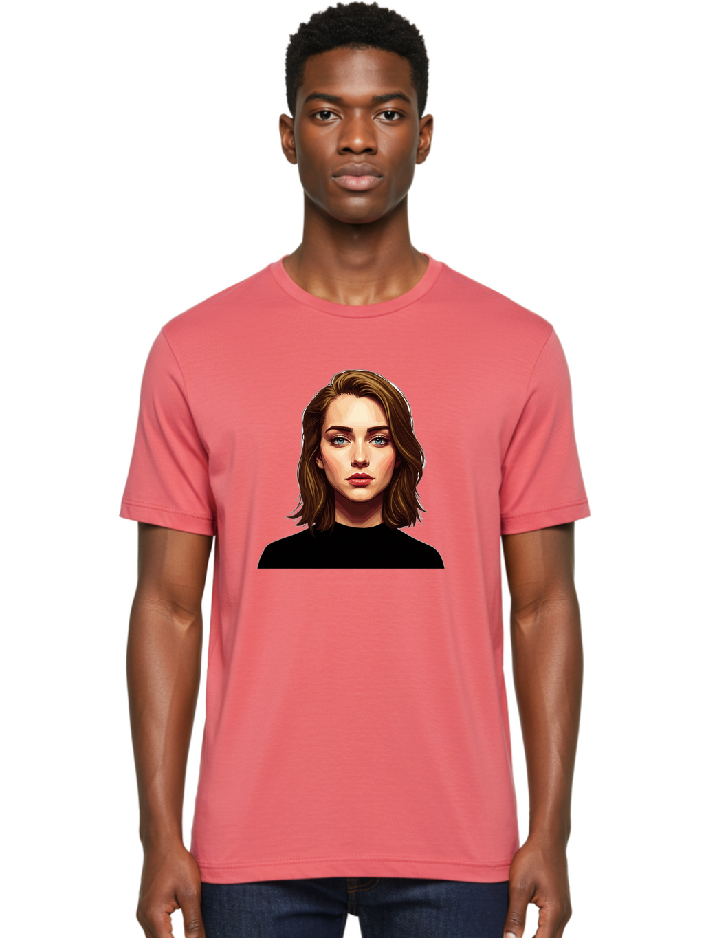 Emma-Stone Men'S Graphic Tee, 100% Cotton, Comfortable Casual Summer Wear, Machine Washable, Cartoon-Style Portrait, Emma Stone, Blue Eyes, Brown Hair, Black Shirt, Realistic Illustration, Digital Art, Female Celebrity Bad078