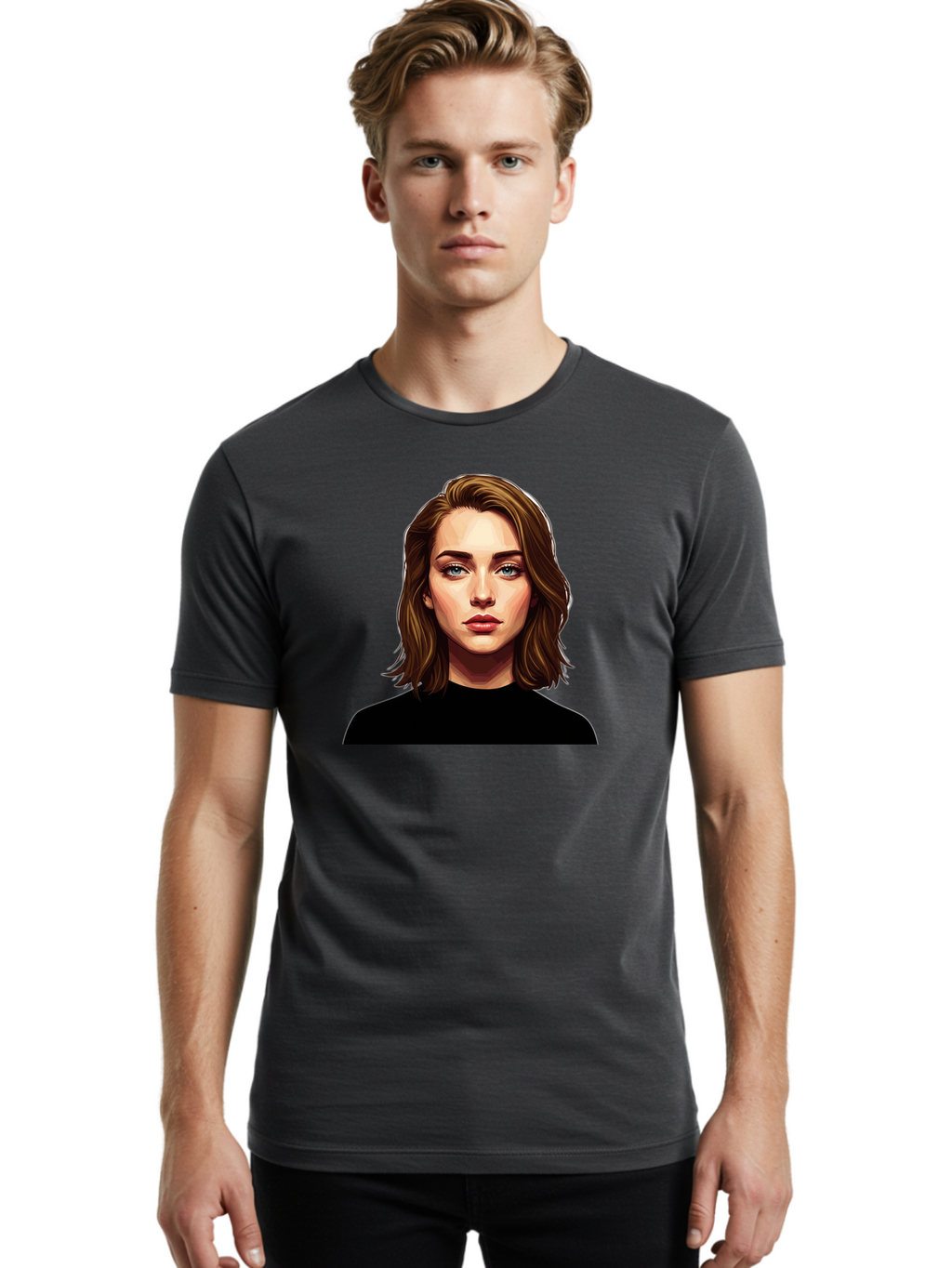 Emma-Stone Men'S Graphic Tee, 100% Cotton, Comfortable Casual Summer Wear, Machine Washable, Cartoon-Style Portrait, Emma Stone, Blue Eyes, Brown Hair, Black Shirt, Realistic Illustration, Digital Art, Female Celebrity Bad078