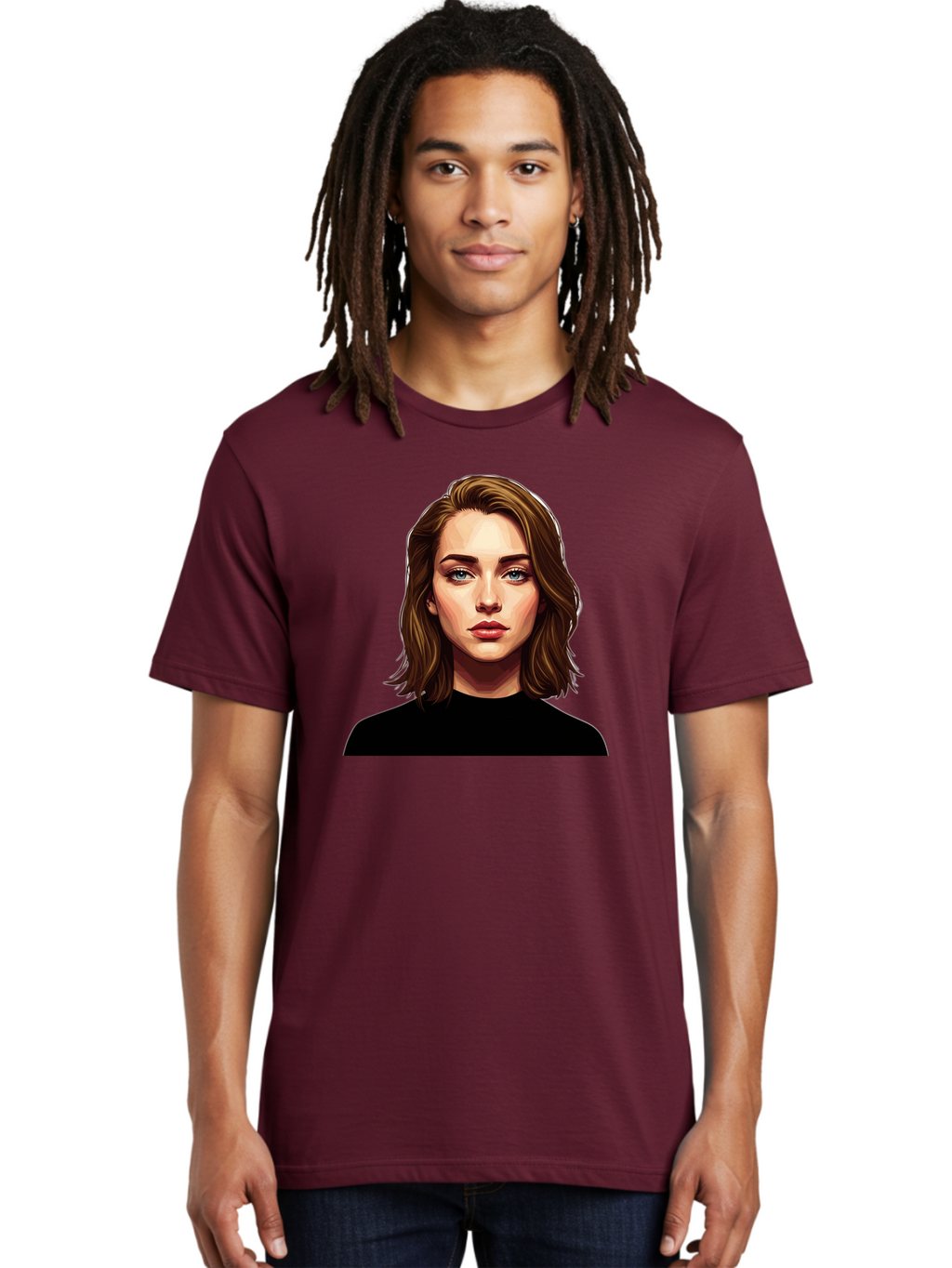Emma-Stone Men'S Graphic Tee, 100% Cotton, Comfortable Casual Summer Wear, Machine Washable, Cartoon-Style Portrait, Emma Stone, Blue Eyes, Brown Hair, Black Shirt, Realistic Illustration, Digital Art, Female Celebrity Bad078