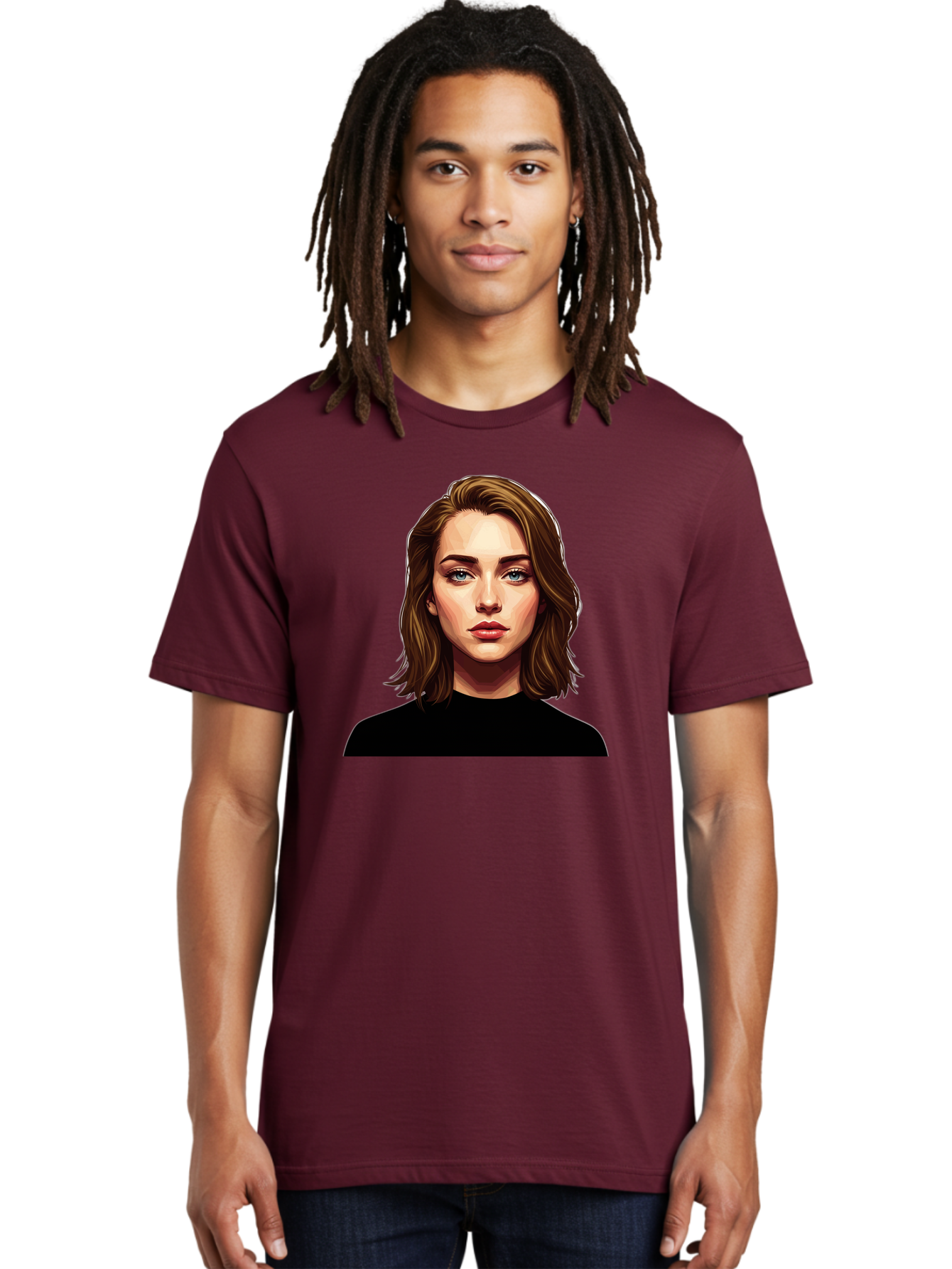 Emma-Stone Men'S Graphic Tee, 100% Cotton, Comfortable Casual Summer Wear, Machine Washable, Cartoon-Style Portrait, Emma Stone, Blue Eyes, Brown Hair, Black Shirt, Realistic Illustration, Digital Art, Female Celebrity Bad078