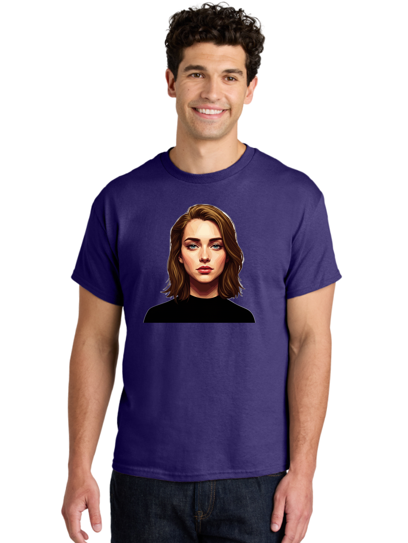 Emma-Stone Men'S Graphic Tee, 100% Cotton, Comfortable Casual Summer Wear, Machine Washable, Cartoon-Style Portrait, Emma Stone, Blue Eyes, Brown Hair, Black Shirt, Realistic Illustration, Digital Art, Female Celebrity Bad078
