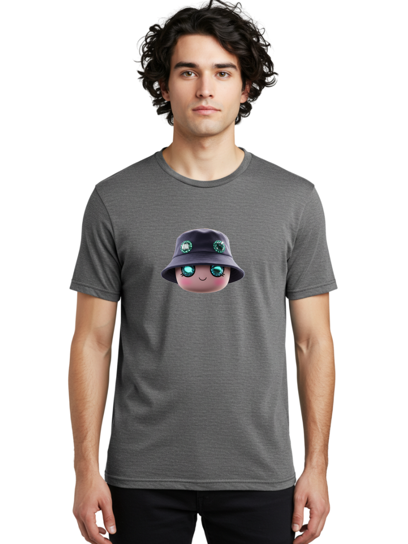 Emoji-Hat Men'S Graphic Tee, 100% Cotton, Comfortable Casual Summer Wear, Machine Washable, Cartoon Doll, Blue Eyes, Gem Eyes, Bucket Hat, Rhinestone Decorations, Cute Face, Sweet Smile, Rosy Cheeks, Whimsical Character, 3D Illustration Bad079