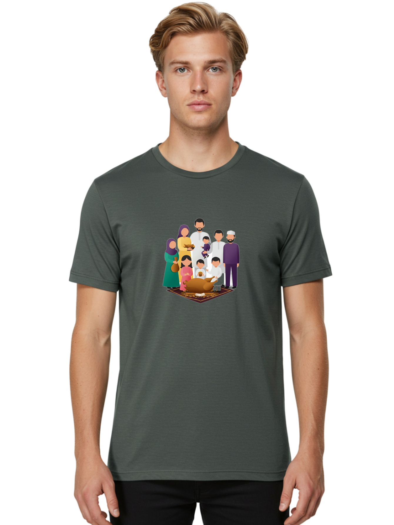 Family-Gathering-Around-Roasted-Lamb Men'S Graphic Tee, 100% Cotton, Comfortable Casual Summer Wear, Machine Washable, Family Gathering, Islamic Celebration, Eid Al-Adha, Traditional Clothing, Sacrificial Lamb, Joyful Moments, Family Bonding, Bad083