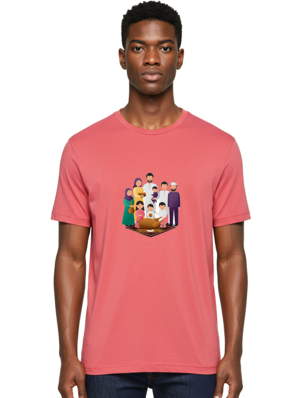 Family-Gathering-Around-Roasted-Lamb Men'S Graphic Tee, 100% Cotton, Comfortable Casual Summer Wear, Machine Washable, Family Gathering, Islamic Celebration, Eid Al-Adha, Traditional Clothing, Sacrificial Lamb, Joyful Moments, Family Bonding, Bad083