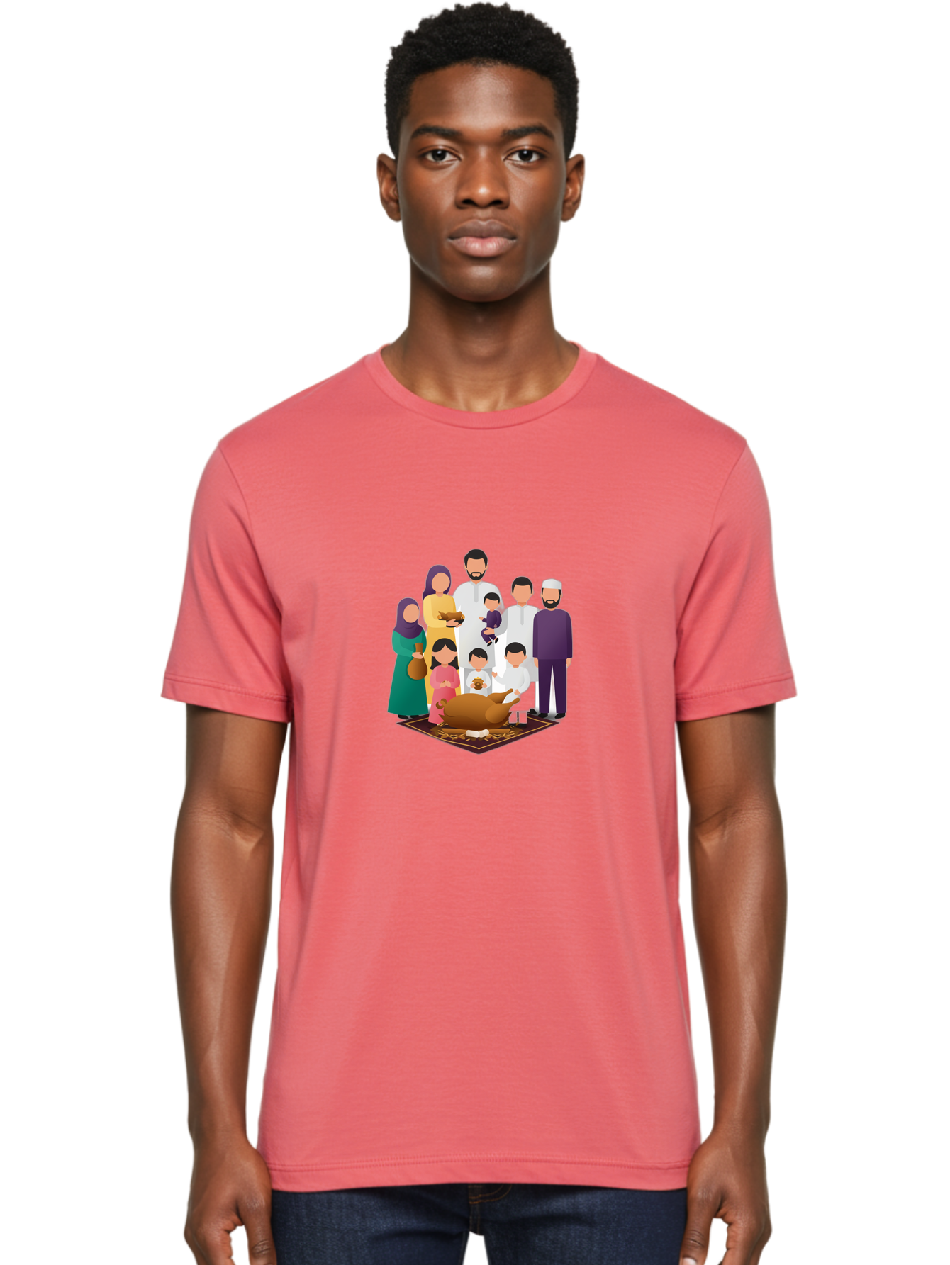 Family-Gathering-Around-Roasted-Lamb Men'S Graphic Tee, 100% Cotton, Comfortable Casual Summer Wear, Machine Washable, Family Gathering, Islamic Celebration, Eid Al-Adha, Traditional Clothing, Sacrificial Lamb, Joyful Moments, Family Bonding, Bad083