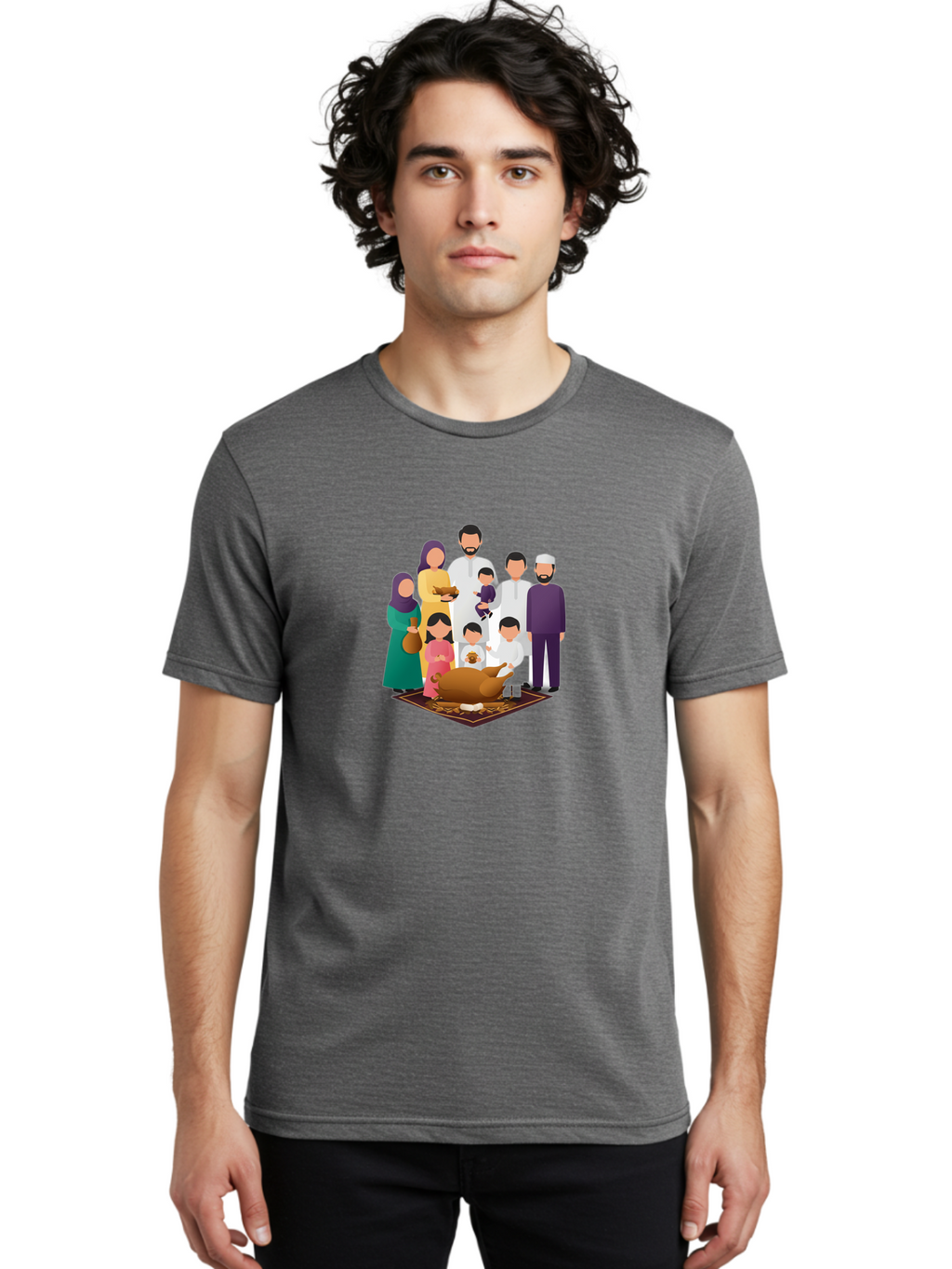 Family-Gathering-Around-Roasted-Lamb Men'S Graphic Tee, 100% Cotton, Comfortable Casual Summer Wear, Machine Washable, Family Gathering, Islamic Celebration, Eid Al-Adha, Traditional Clothing, Sacrificial Lamb, Joyful Moments, Family Bonding, Bad083