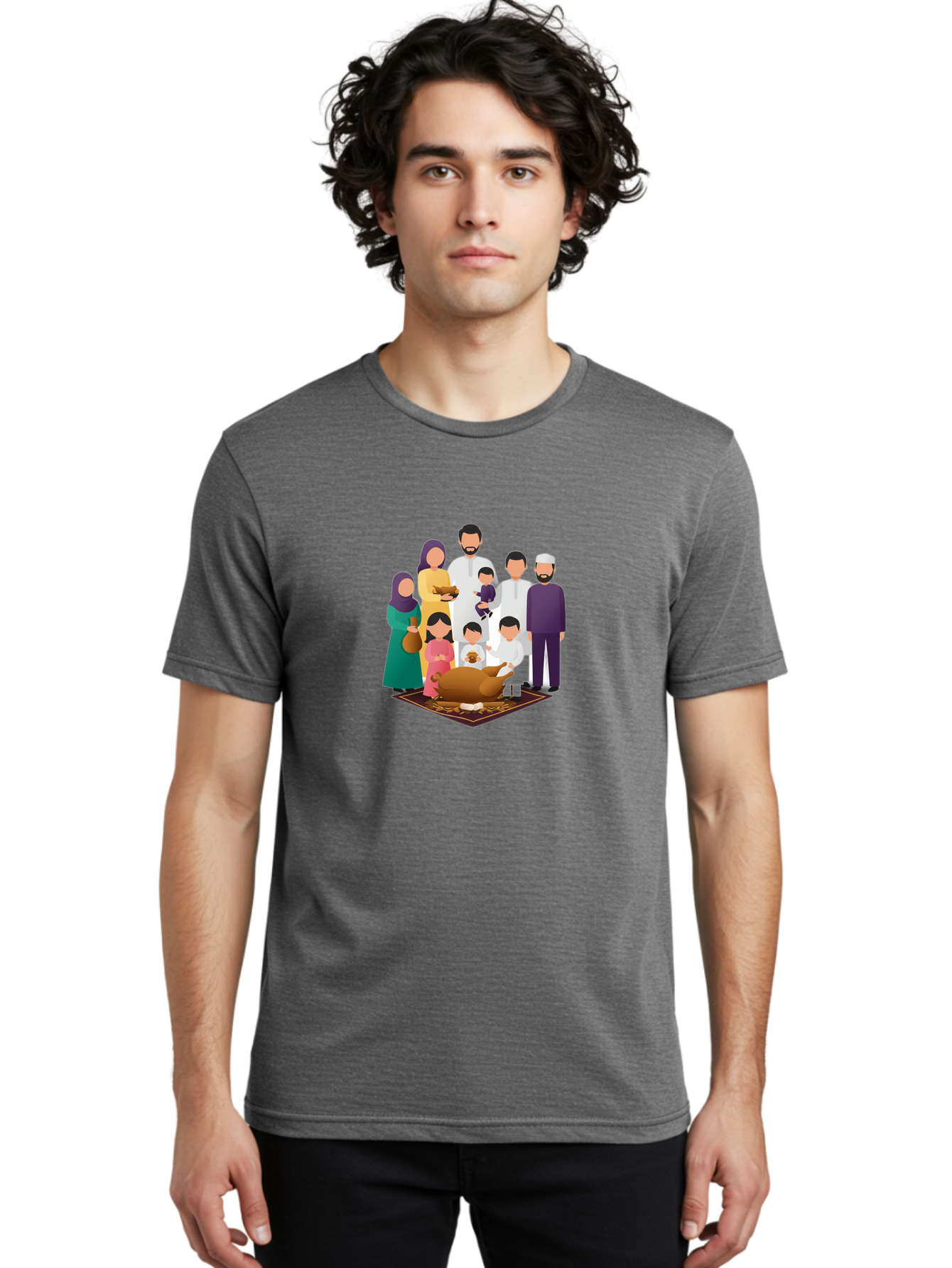 Family-Gathering-Around-Roasted-Lamb Men'S Graphic Tee, 100% Cotton, Comfortable Casual Summer Wear, Machine Washable, Family Gathering, Islamic Celebration, Eid Al-Adha, Traditional Clothing, Sacrificial Lamb, Joyful Moments, Family Bonding, Bad083