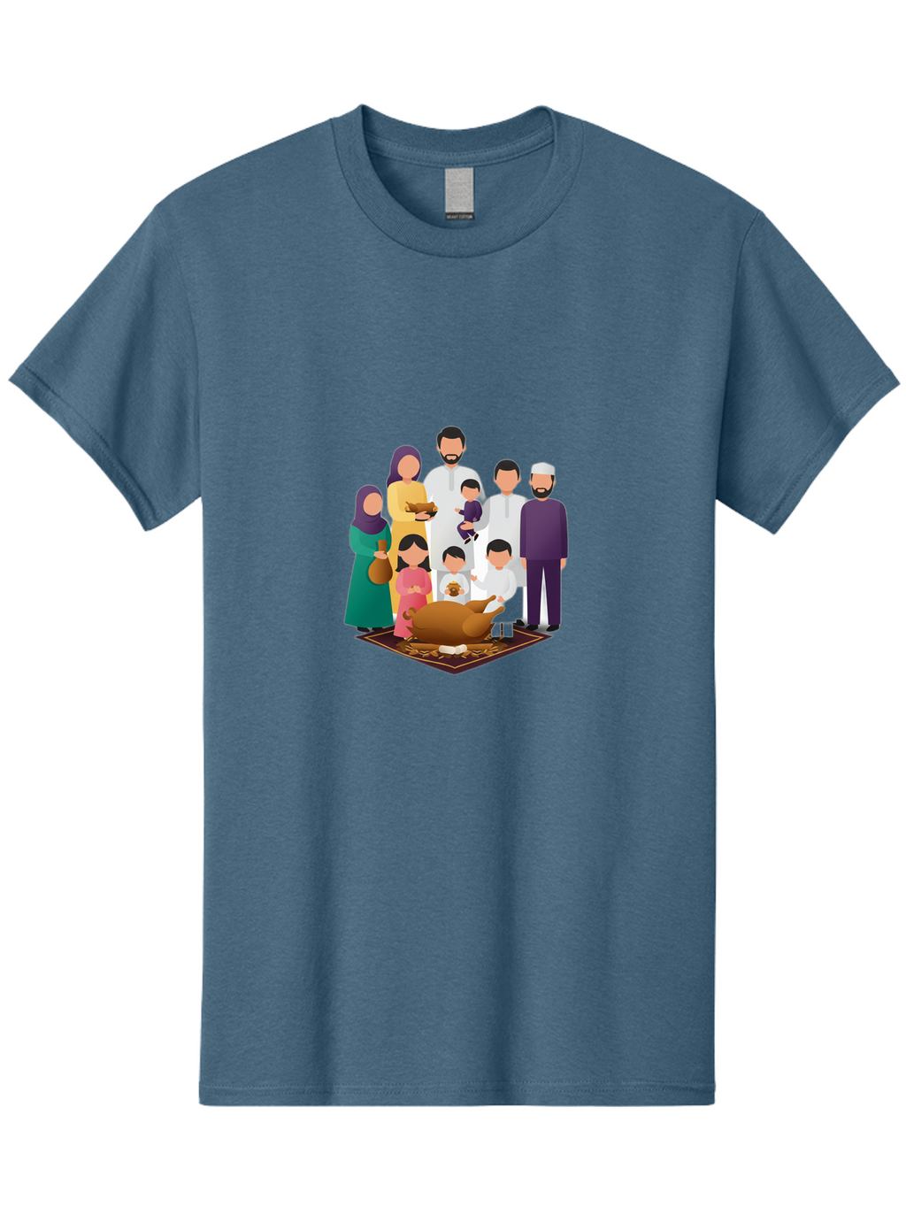 Family-Gathering-Around-Roasted-Lamb Men'S Graphic Tee, 100% Cotton, Comfortable Casual Summer Wear, Machine Washable, Family Gathering, Islamic Celebration, Eid Al-Adha, Traditional Clothing, Sacrificial Lamb, Joyful Moments, Family Bonding, Bad083