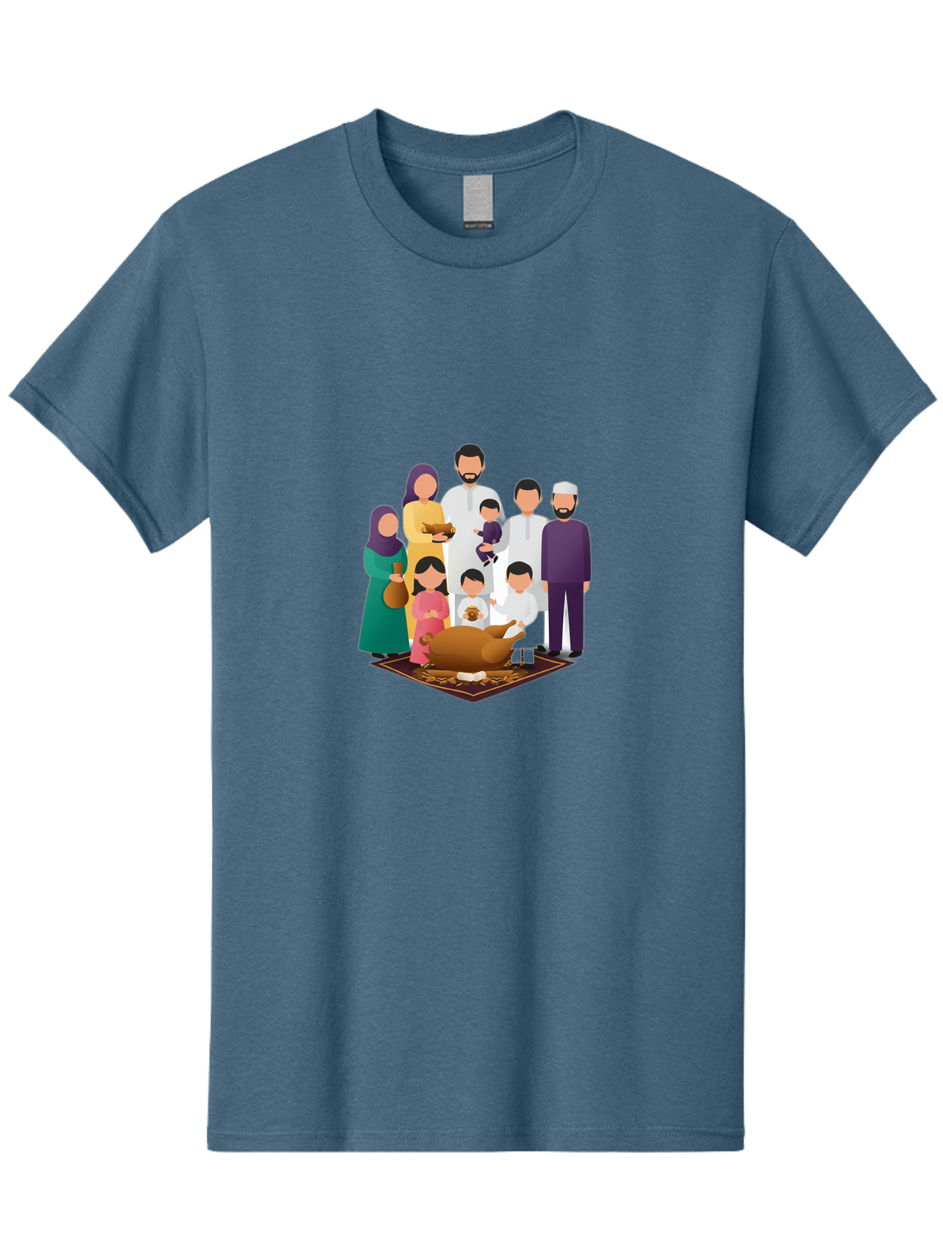 Family-Gathering-Around-Roasted-Lamb Men'S Graphic Tee, 100% Cotton, Comfortable Casual Summer Wear, Machine Washable, Family Gathering, Islamic Celebration, Eid Al-Adha, Traditional Clothing, Sacrificial Lamb, Joyful Moments, Family Bonding, Bad083