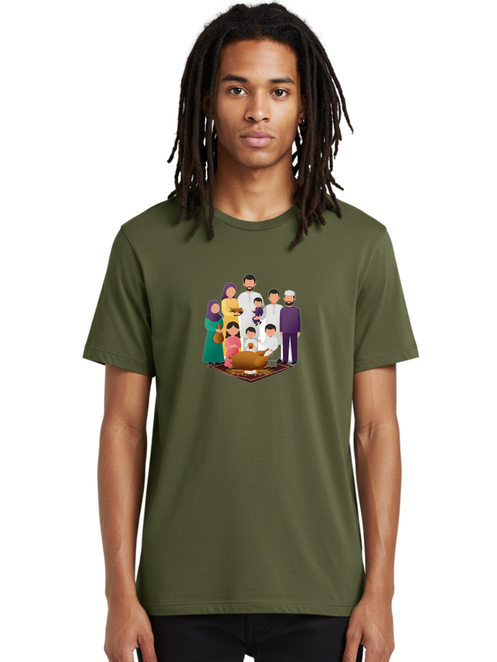 Family-Gathering-Around-Roasted-Lamb Men'S Graphic Tee, 100% Cotton, Comfortable Casual Summer Wear, Machine Washable, Family Gathering, Islamic Celebration, Eid Al-Adha, Traditional Clothing, Sacrificial Lamb, Joyful Moments, Family Bonding, Bad083