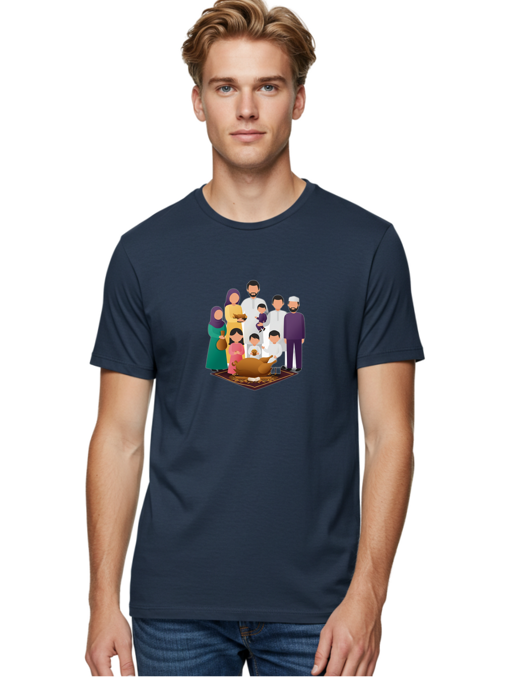 Family-Gathering-Around-Roasted-Lamb Men'S Graphic Tee, 100% Cotton, Comfortable Casual Summer Wear, Machine Washable, Family Gathering, Islamic Celebration, Eid Al-Adha, Traditional Clothing, Sacrificial Lamb, Joyful Moments, Family Bonding, Bad083