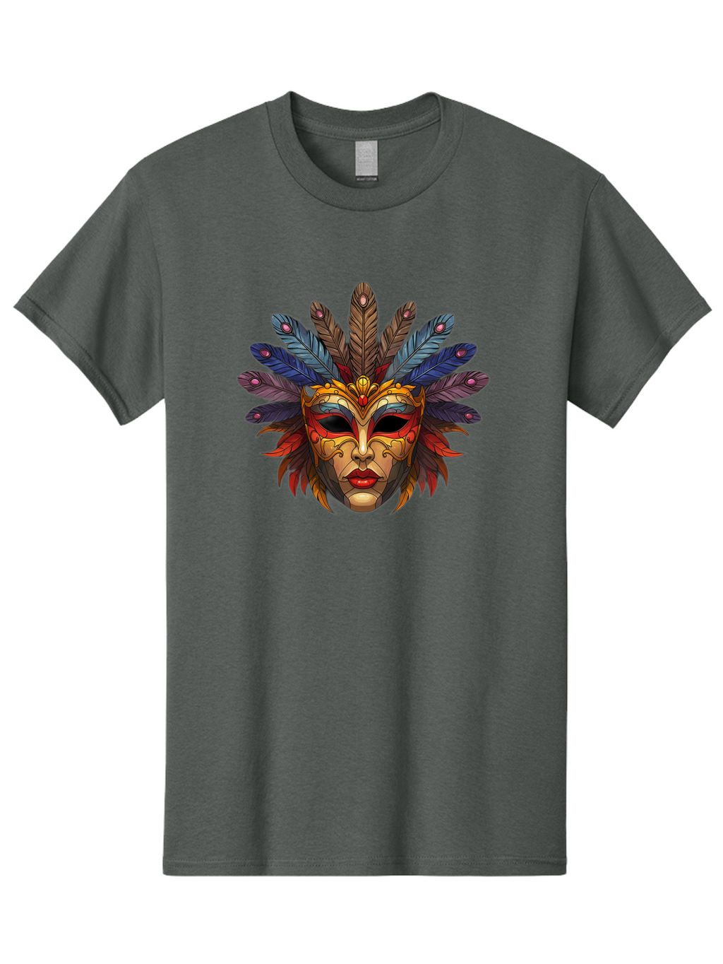 Feathered-Mask Men'S Graphic Tee, 100% Cotton, Comfortable Casual Summer Wear, Machine Washable, Tribal Mask, Feather Headdress, Colorful Design, Red Lips, Black Eyes, Bold Patterns, Vibrant Colors, Cultural Heritage, Traditional Art Bad084