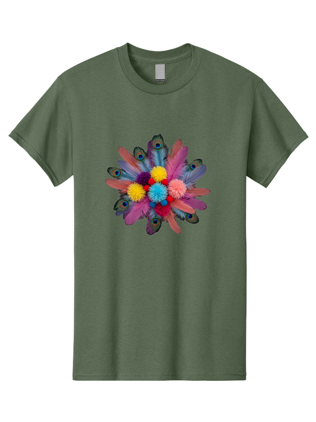 Feathers-And-Pom-Poms Men'S Graphic Tee, 100% Cotton, Comfortable Casual Summer Wear, Machine Washable, Peacock Feathers, Colorful Feathers, Decorative Arrangement, Fluffy Pompoms, Vibrant Colors, Creative Decor, Festive Atmosphere, Bad085