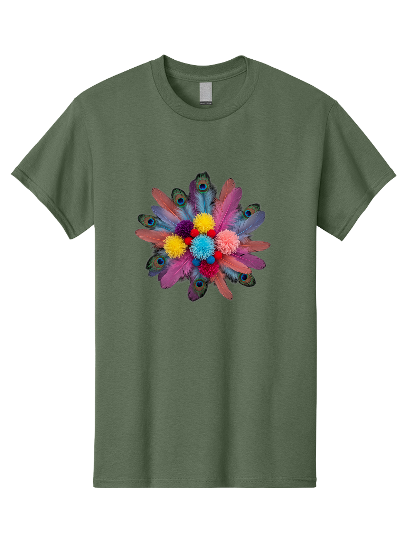 Feathers-And-Pom-Poms Men'S Graphic Tee, 100% Cotton, Comfortable Casual Summer Wear, Machine Washable, Peacock Feathers, Colorful Feathers, Decorative Arrangement, Fluffy Pompoms, Vibrant Colors, Creative Decor, Festive Atmosphere, Bad085