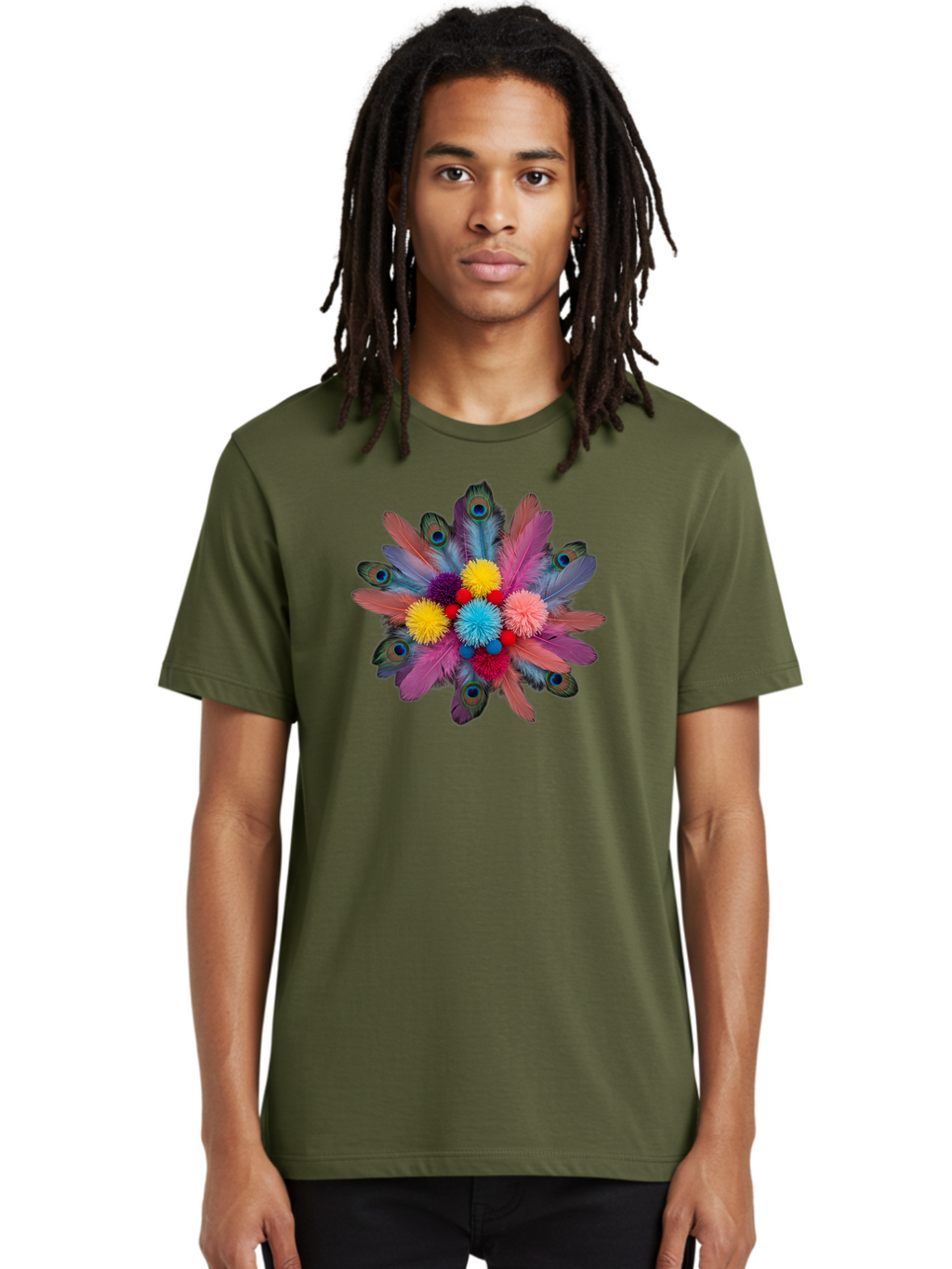 Feathers-And-Pom-Poms Men'S Graphic Tee, 100% Cotton, Comfortable Casual Summer Wear, Machine Washable, Peacock Feathers, Colorful Feathers, Decorative Arrangement, Fluffy Pompoms, Vibrant Colors, Creative Decor, Festive Atmosphere, Bad085