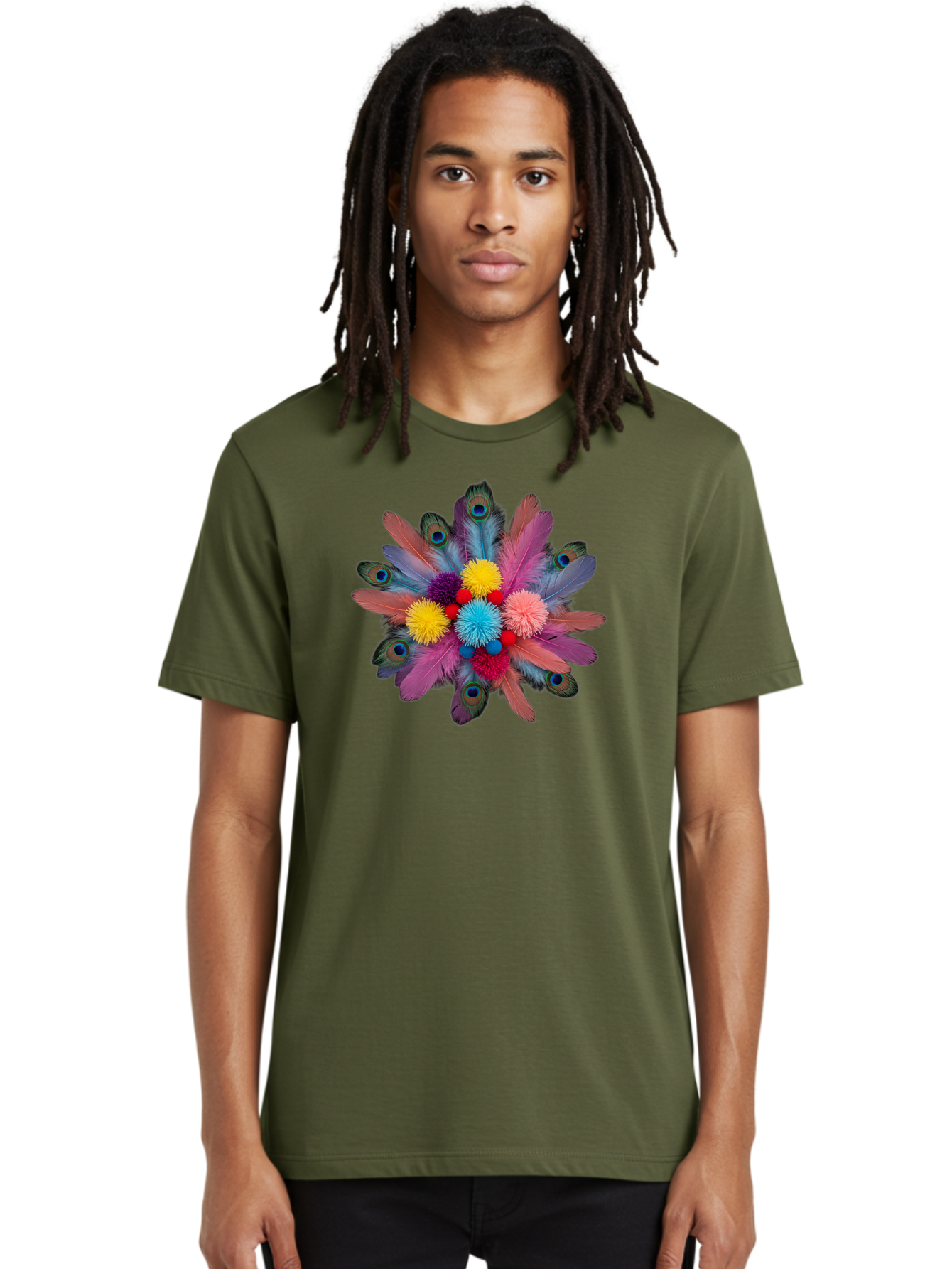 Feathers-And-Pom-Poms Men'S Graphic Tee, 100% Cotton, Comfortable Casual Summer Wear, Machine Washable, Peacock Feathers, Colorful Feathers, Decorative Arrangement, Fluffy Pompoms, Vibrant Colors, Creative Decor, Festive Atmosphere, Bad085