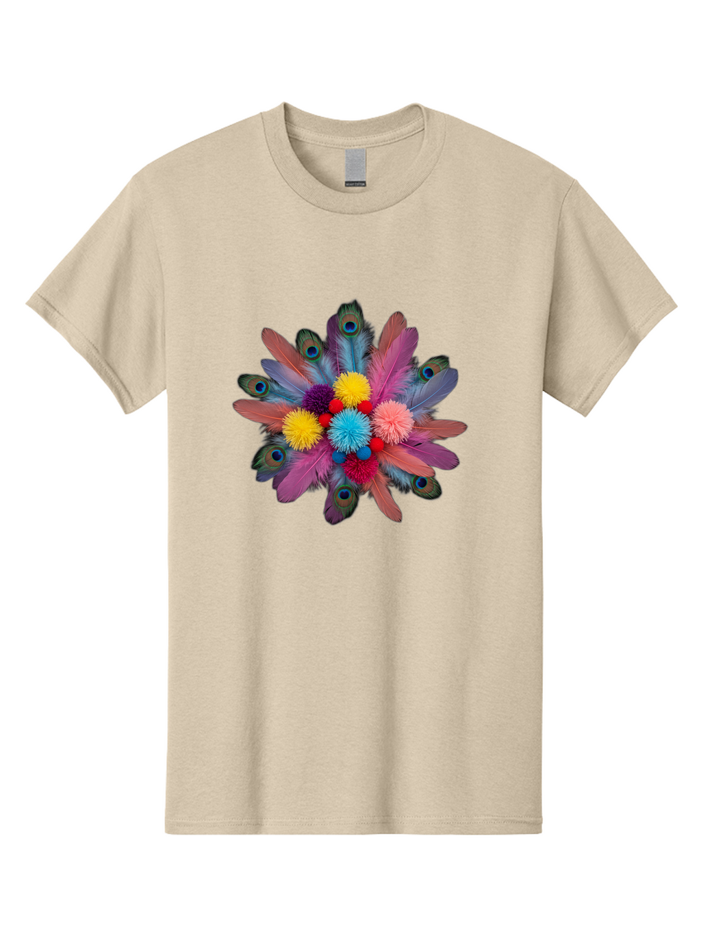 Feathers-And-Pom-Poms Men'S Graphic Tee, 100% Cotton, Comfortable Casual Summer Wear, Machine Washable, Peacock Feathers, Colorful Feathers, Decorative Arrangement, Fluffy Pompoms, Vibrant Colors, Creative Decor, Festive Atmosphere, Bad085