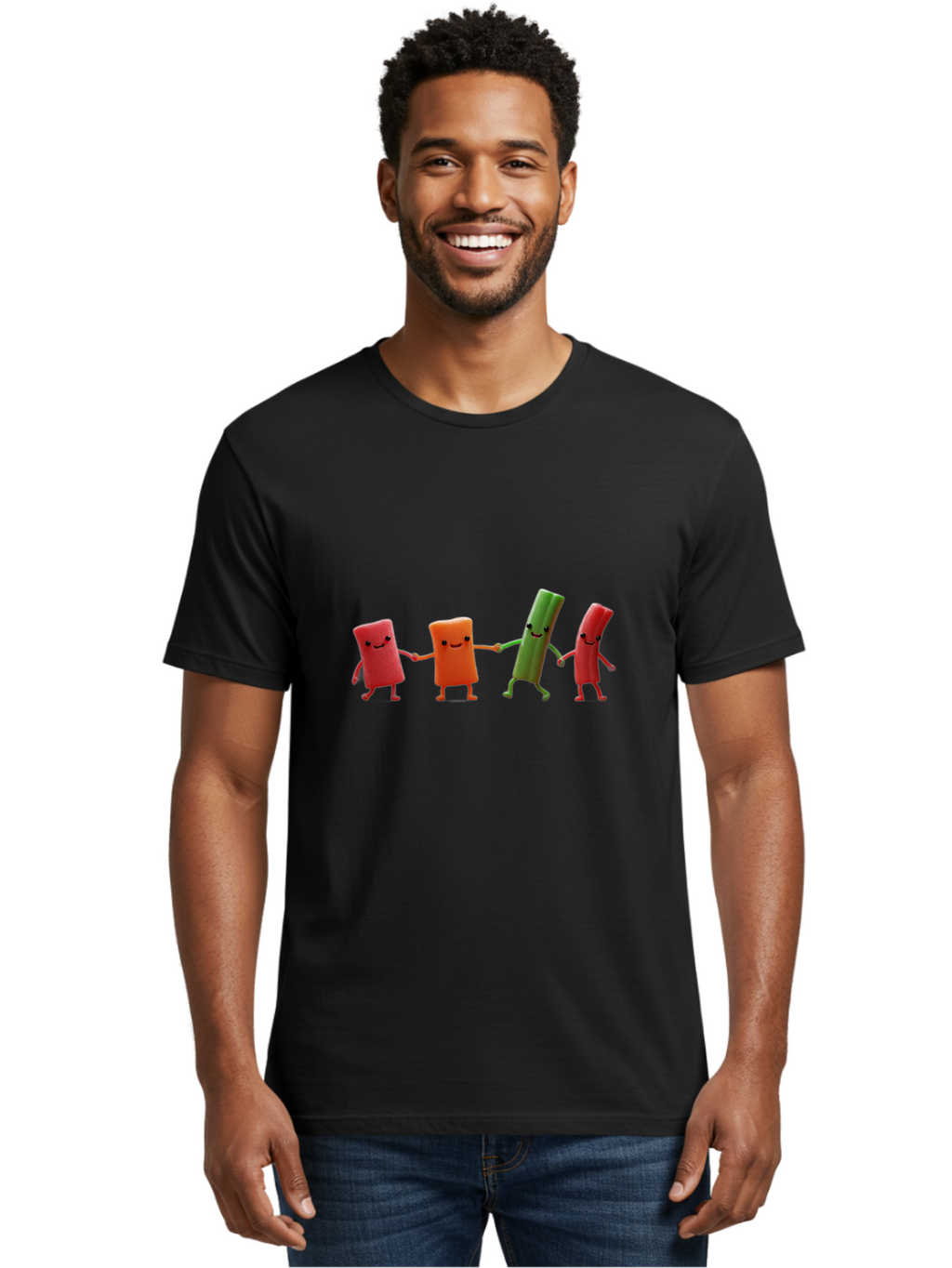 Felt-Characters-Holding-Hands Men'S Graphic Tee, 100% Cotton, Comfortable Casual Summer Wear, Machine Washable, Anthropomorphic Vegetables, Happy Faces, Holding Hands, Anthropomorphic Characters, Vegetables With Arms And Legs, Bad086