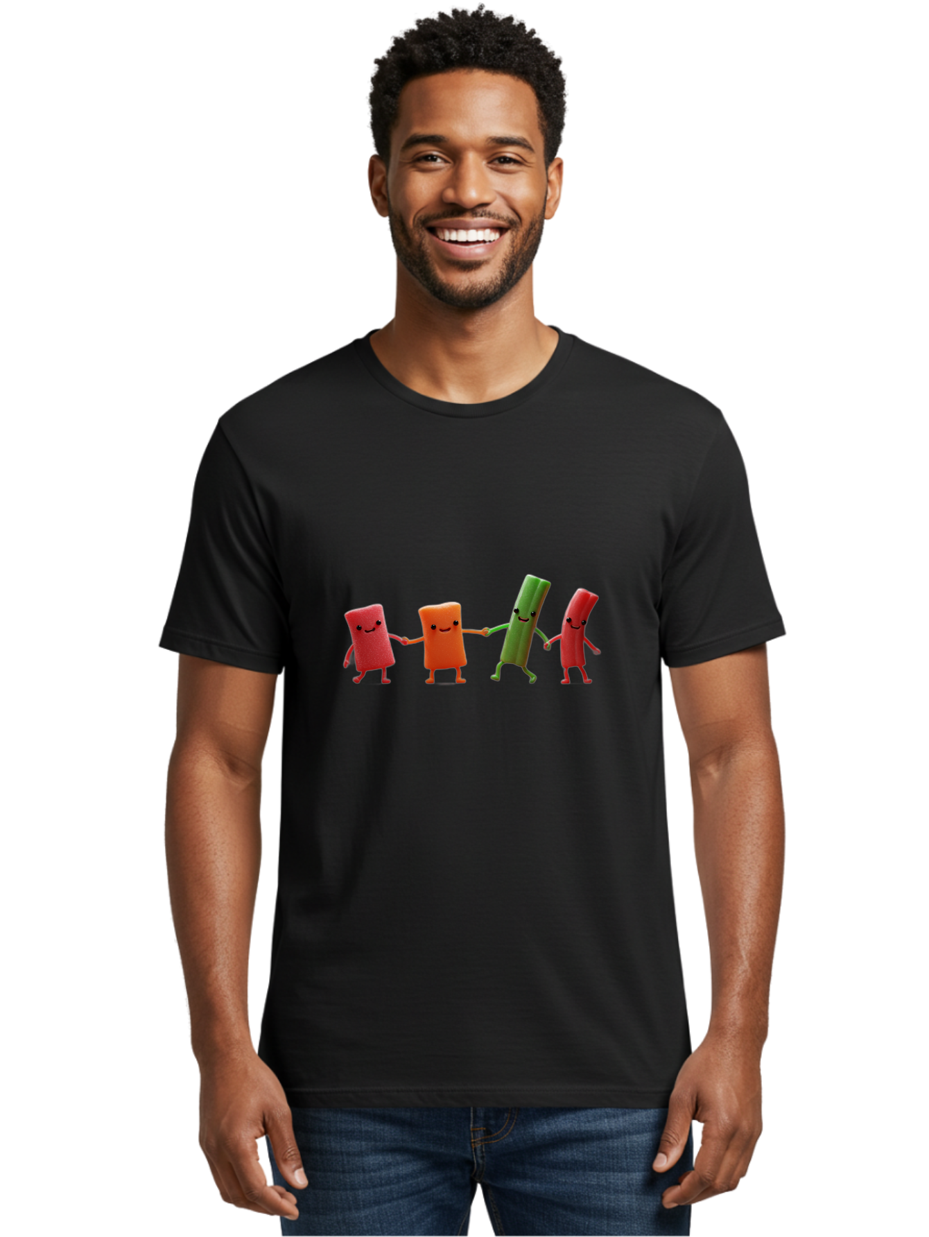 Felt-Characters-Holding-Hands Men'S Graphic Tee, 100% Cotton, Comfortable Casual Summer Wear, Machine Washable, Anthropomorphic Vegetables, Happy Faces, Holding Hands, Anthropomorphic Characters, Vegetables With Arms And Legs, Bad086