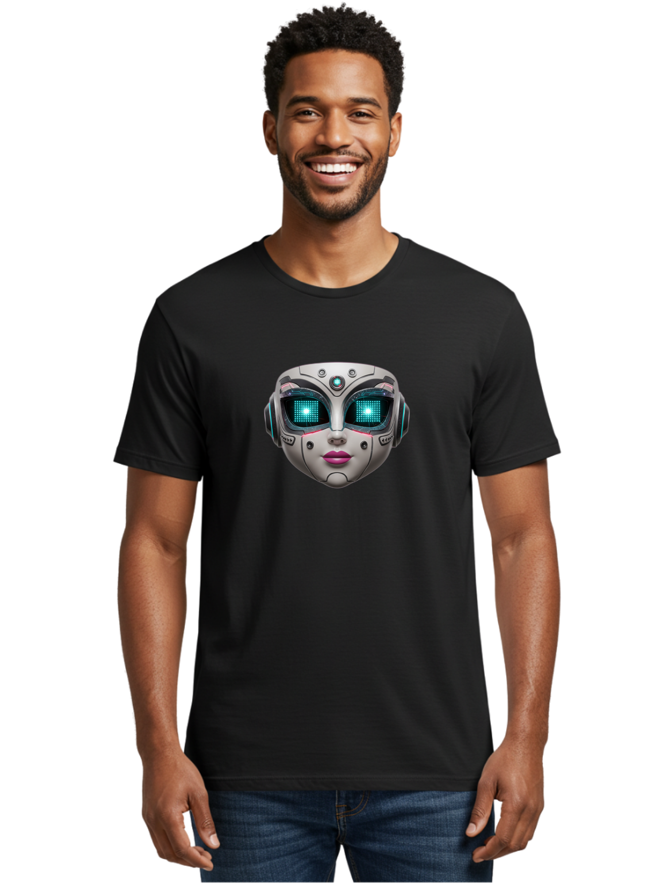 Female-Robot-Head Men'S Graphic Tee, 100% Cotton, Comfortable Casual Summer Wear, Machine Washable, Robotic Face, Futuristic Design, Glowing Blue Eyes, Metallic Sheen, Tech-Savvy, Artificial Intelligence, Cybernetic Enhancements, Bad087