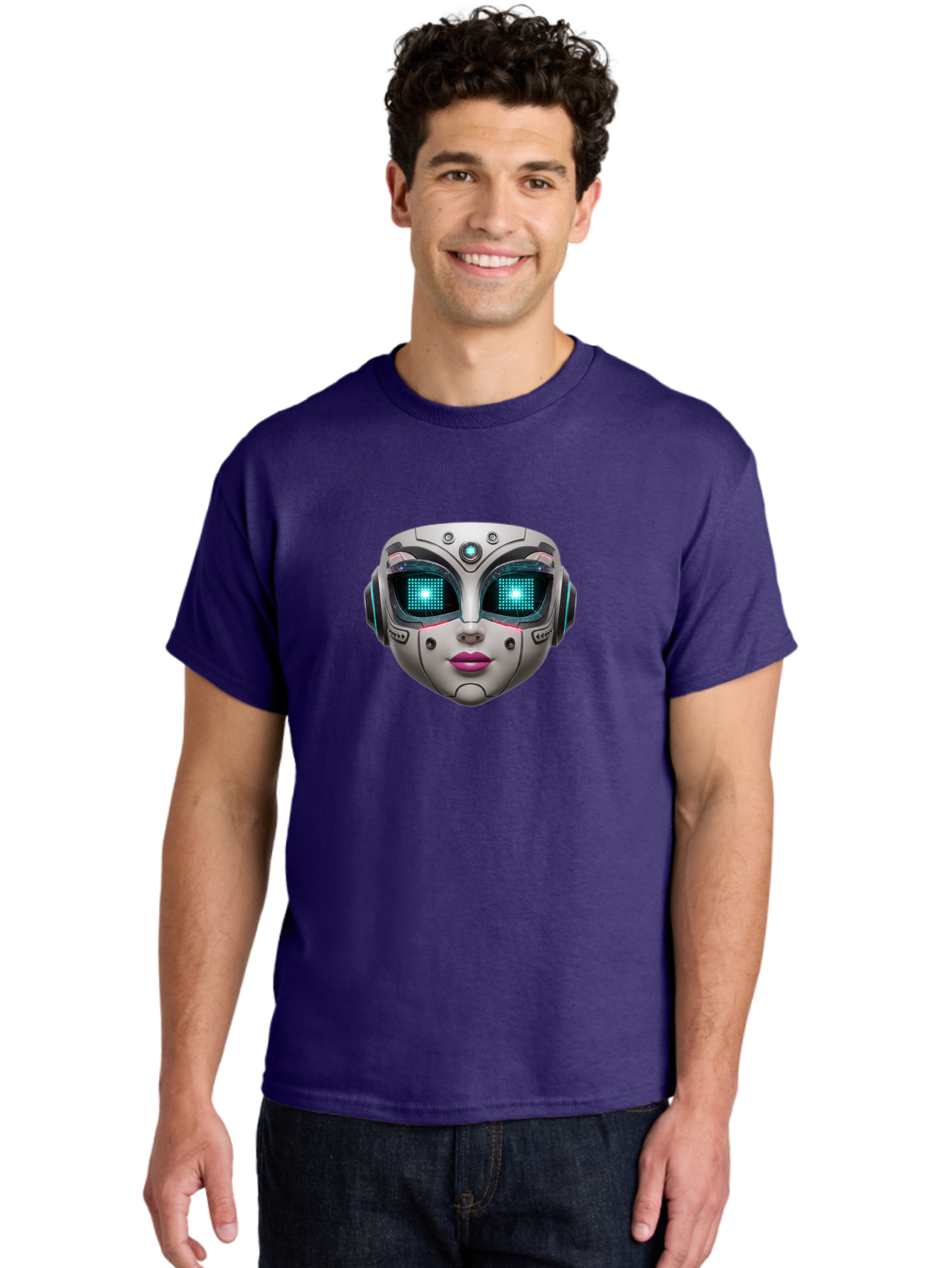 Female-Robot-Head Men'S Graphic Tee, 100% Cotton, Comfortable Casual Summer Wear, Machine Washable, Robotic Face, Futuristic Design, Glowing Blue Eyes, Metallic Sheen, Tech-Savvy, Artificial Intelligence, Cybernetic Enhancements, Bad087
