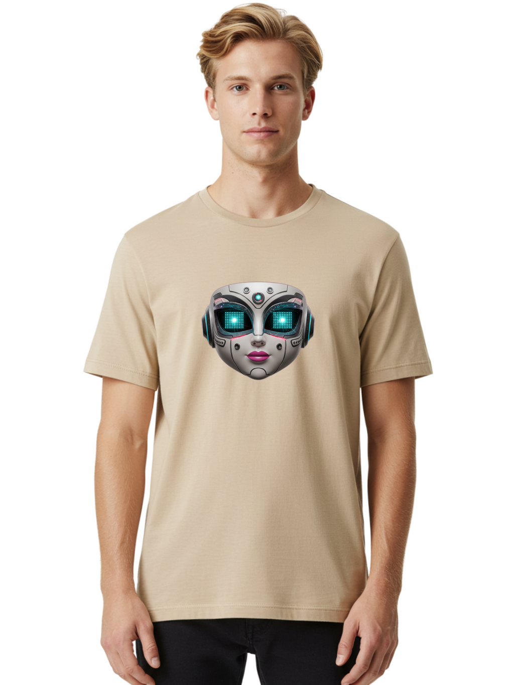 Female-Robot-Head Men'S Graphic Tee, 100% Cotton, Comfortable Casual Summer Wear, Machine Washable, Robotic Face, Futuristic Design, Glowing Blue Eyes, Metallic Sheen, Tech-Savvy, Artificial Intelligence, Cybernetic Enhancements, Bad087