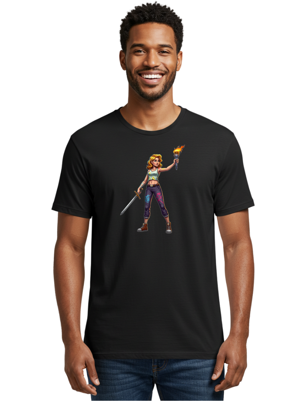 Female-Warrior Men'S Graphic Tee, 100% Cotton, Comfortable Casual Summer Wear, Machine Washable, Female Warrior, Sword And Torch, Strong Woman, Fierce Fighter, Blonde Hair, White Tank Top, Graffiti Pants, Combat Boots, Powerful Pose, Bad088