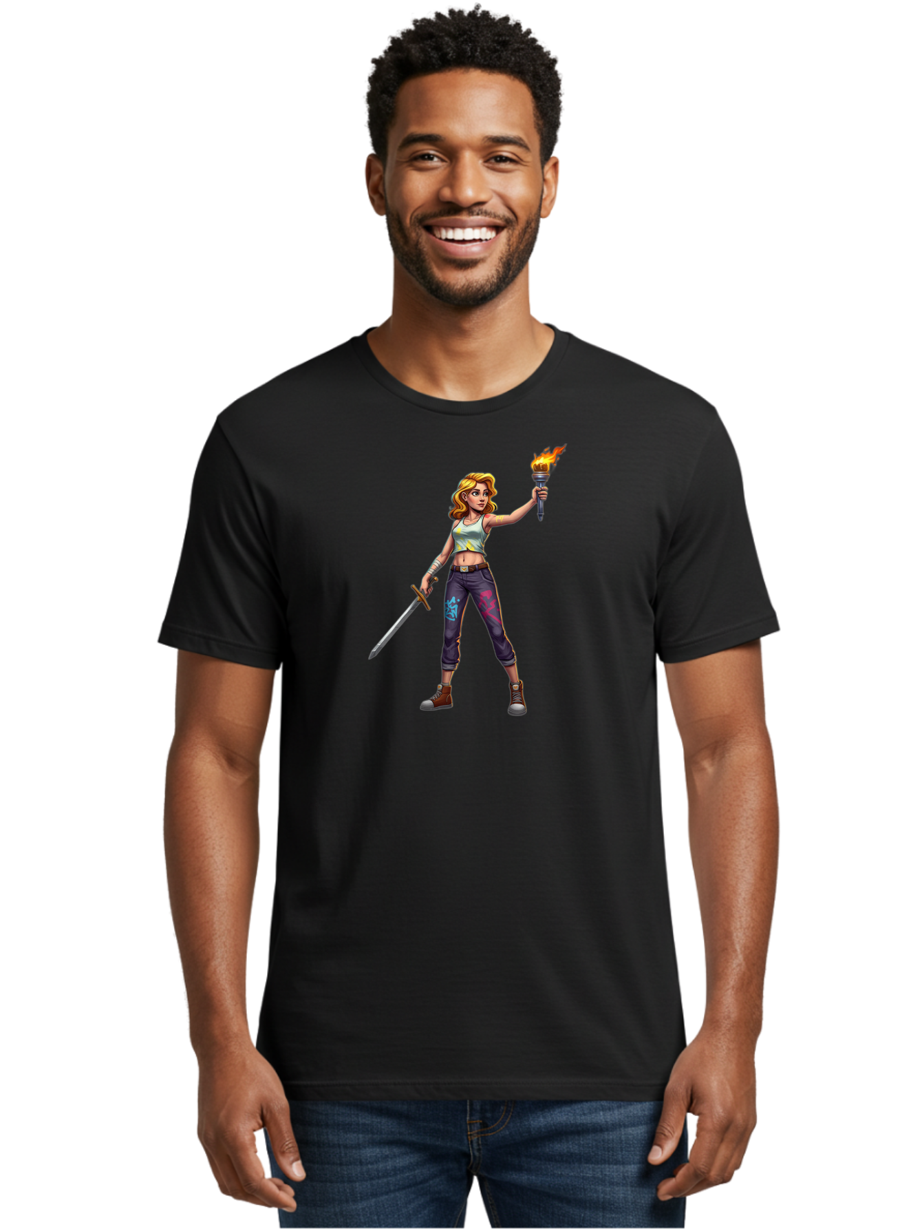 Female-Warrior Men'S Graphic Tee, 100% Cotton, Comfortable Casual Summer Wear, Machine Washable, Female Warrior, Sword And Torch, Strong Woman, Fierce Fighter, Blonde Hair, White Tank Top, Graffiti Pants, Combat Boots, Powerful Pose, Bad088
