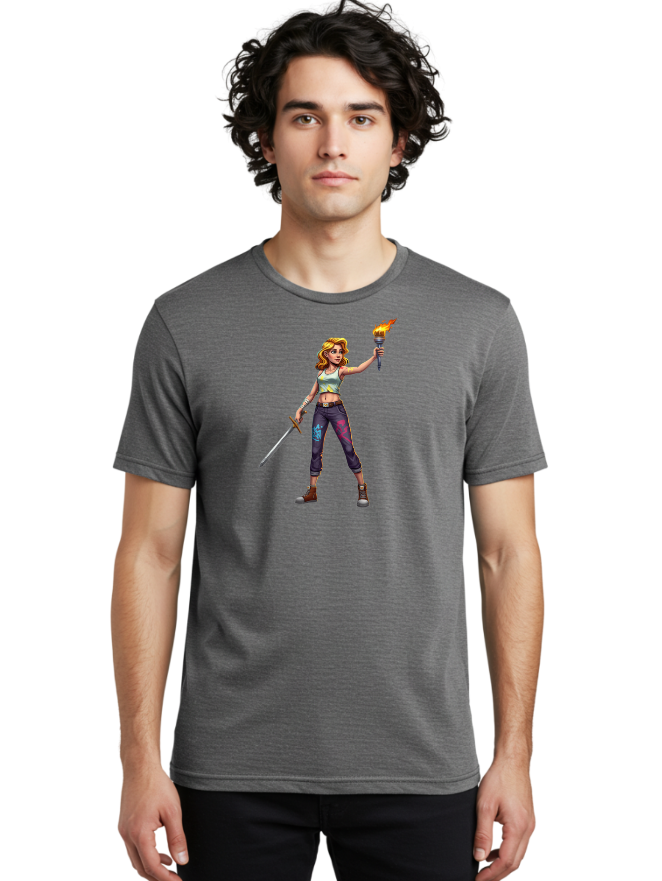 Female-Warrior Men'S Graphic Tee, 100% Cotton, Comfortable Casual Summer Wear, Machine Washable, Female Warrior, Sword And Torch, Strong Woman, Fierce Fighter, Blonde Hair, White Tank Top, Graffiti Pants, Combat Boots, Powerful Pose, Bad088