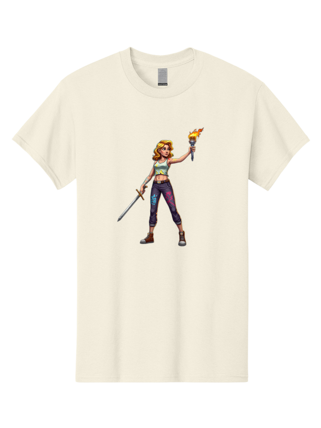 Female-Warrior Men'S Graphic Tee, 100% Cotton, Comfortable Casual Summer Wear, Machine Washable, Female Warrior, Sword And Torch, Strong Woman, Fierce Fighter, Blonde Hair, White Tank Top, Graffiti Pants, Combat Boots, Powerful Pose, Bad088